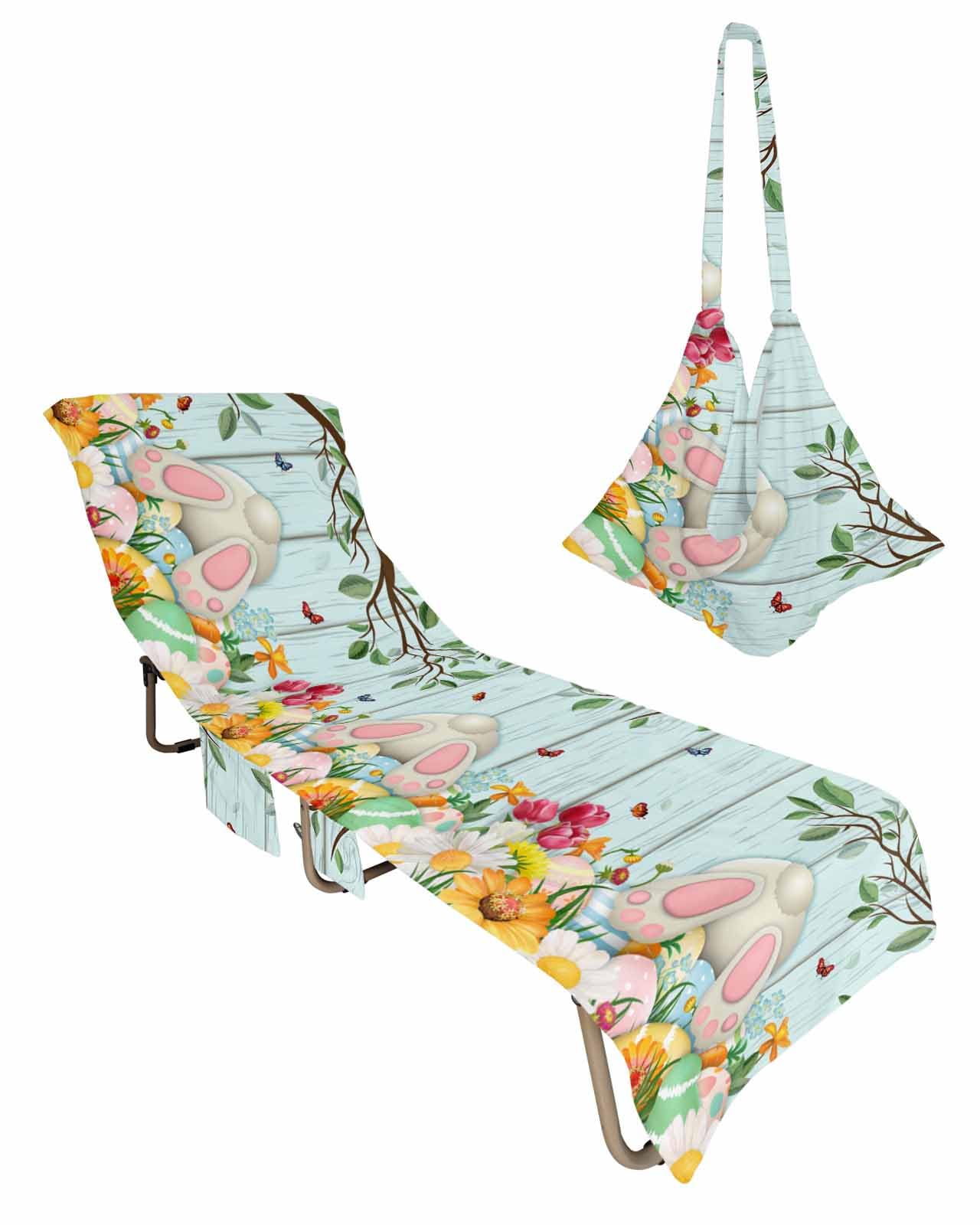 Watercolor Bunny Butt Beach Chair Towel Covers for Chaise Lounge with Side Pocket, Soft Plush Pool Towels Cover for Patio Sunbathing Outdoor 29''x85'' Easter Spring Floral Eggs Leaves