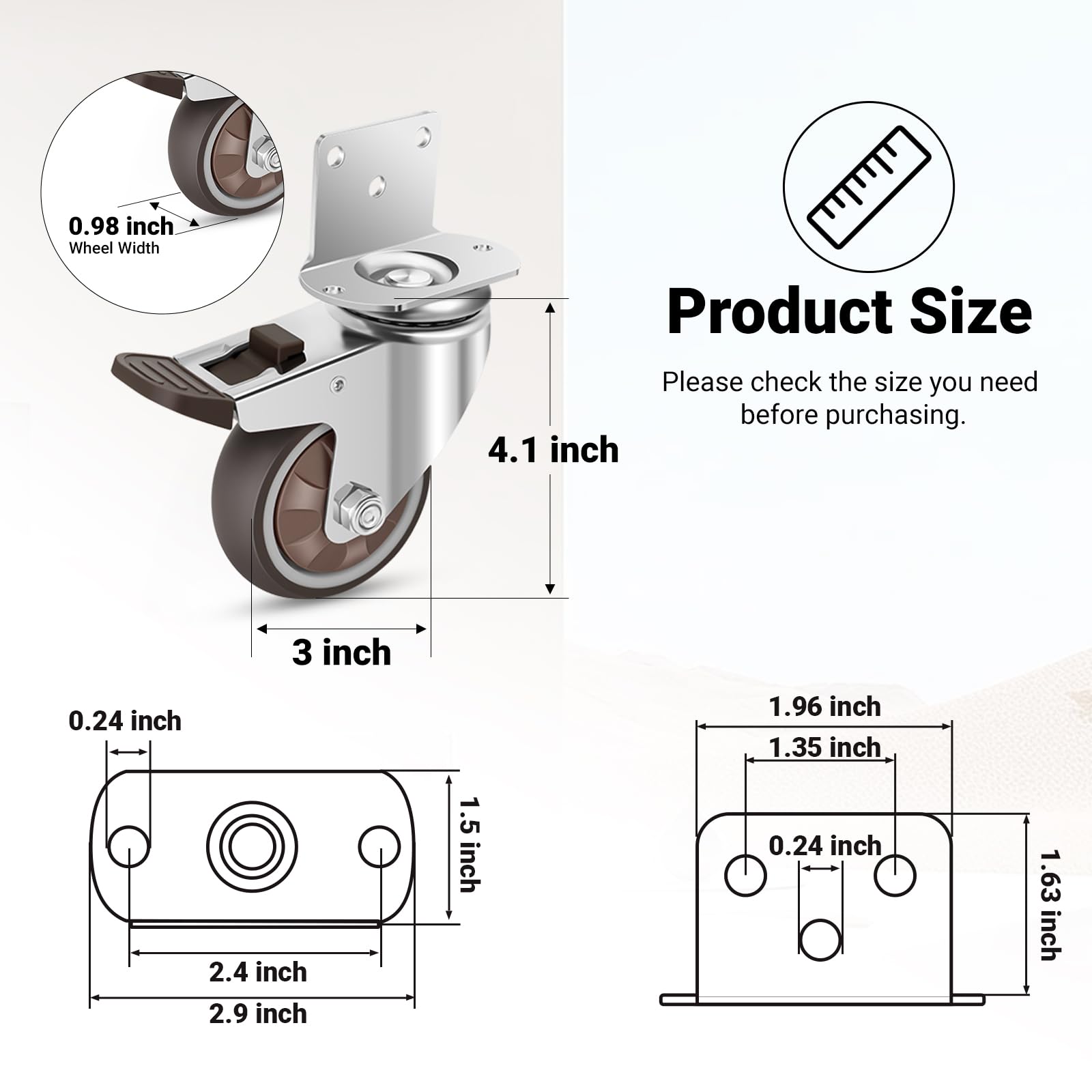 Juego de 8 ruedas giratorias de goma resistentes en forma de L de 3 pulgadas con montaje lateral, rodamientos de bolas, rodamientos de bolas, giro de 360 grados, ruedas para muebles, cunas, cocinas