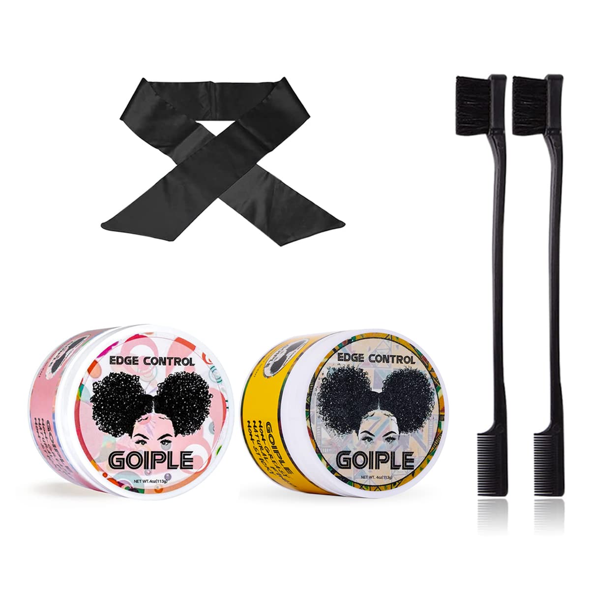 Goiple Edge Control Wax for Women Strong Hold Non-greasy Edge Smoother Pink 1Pack and Yellow1Pack 4oz with Brush 2Pcs and Scarf
