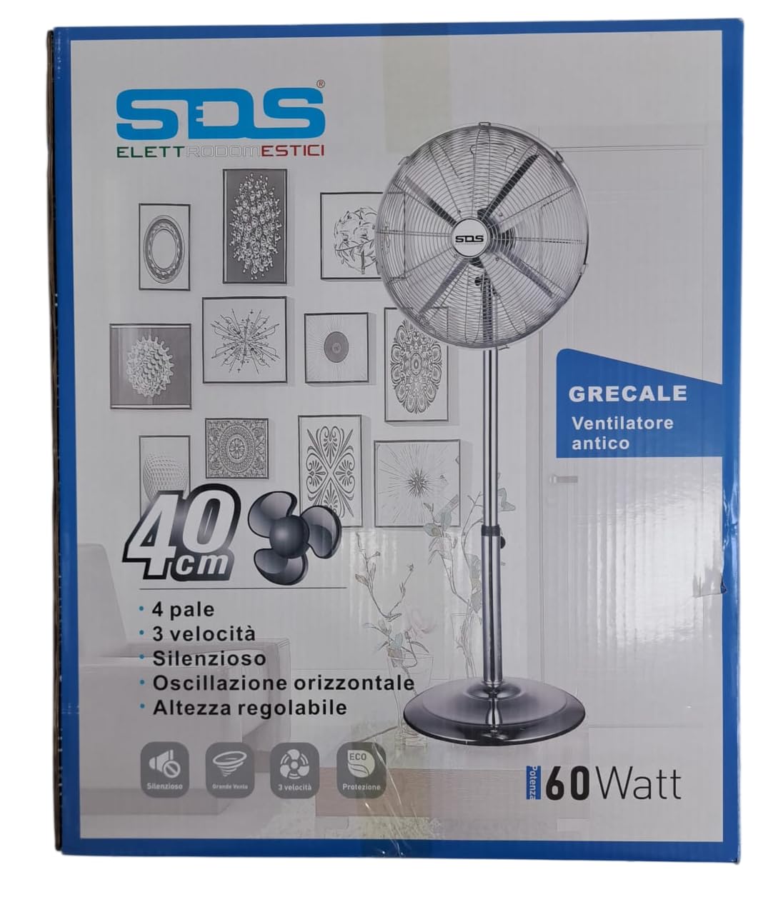 SDS -Ventilatore a piantanta cromato diamentro Ø 40 - potenza 60w -GRECALE | Adatto ad ogni ambiente , salone , cucina , cameralda letto