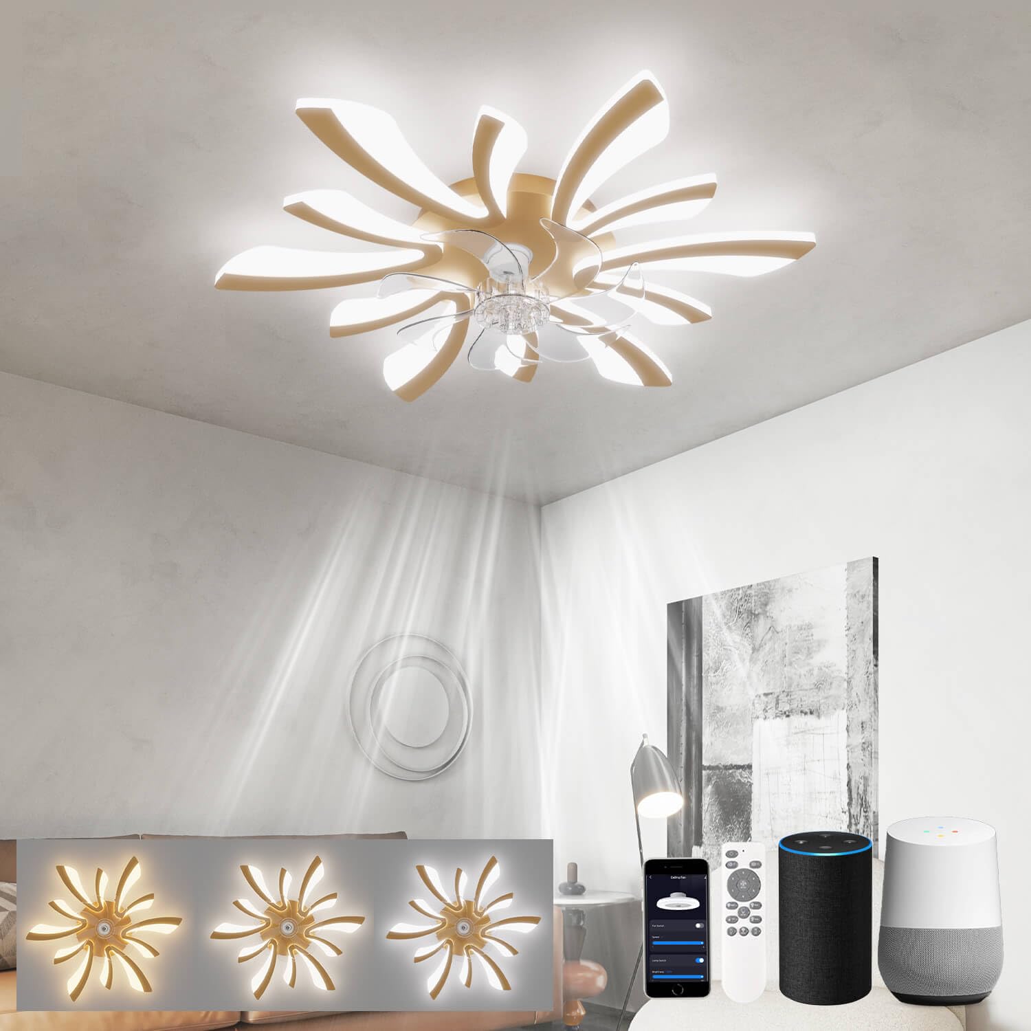 Ljx Gold+Remote+App+Alexa Ceiling Fans With Lights And Remote Modern Ceiling Fans With Lamps Work With Alexa Silent Dimmable Timer Reversible Fan For Bedroom Lounge Kitchen, Gold