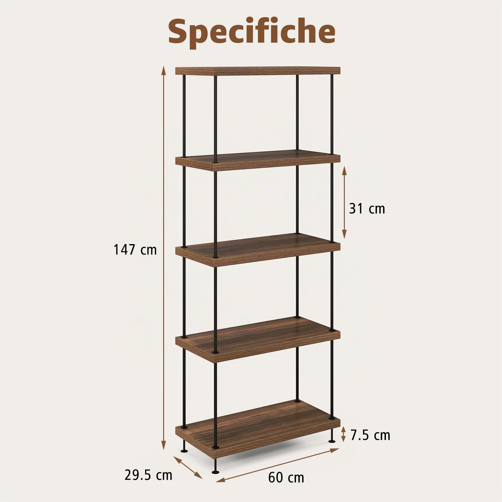 HOMASIS Libreria Vintage, Libreria Verticale in Metallo e Legno, Scaffale Espositore in Marrone, Scaffale a Scala per Salotto, Camera da Letto, Ufficio (60 x 29,5 x 147 cm)