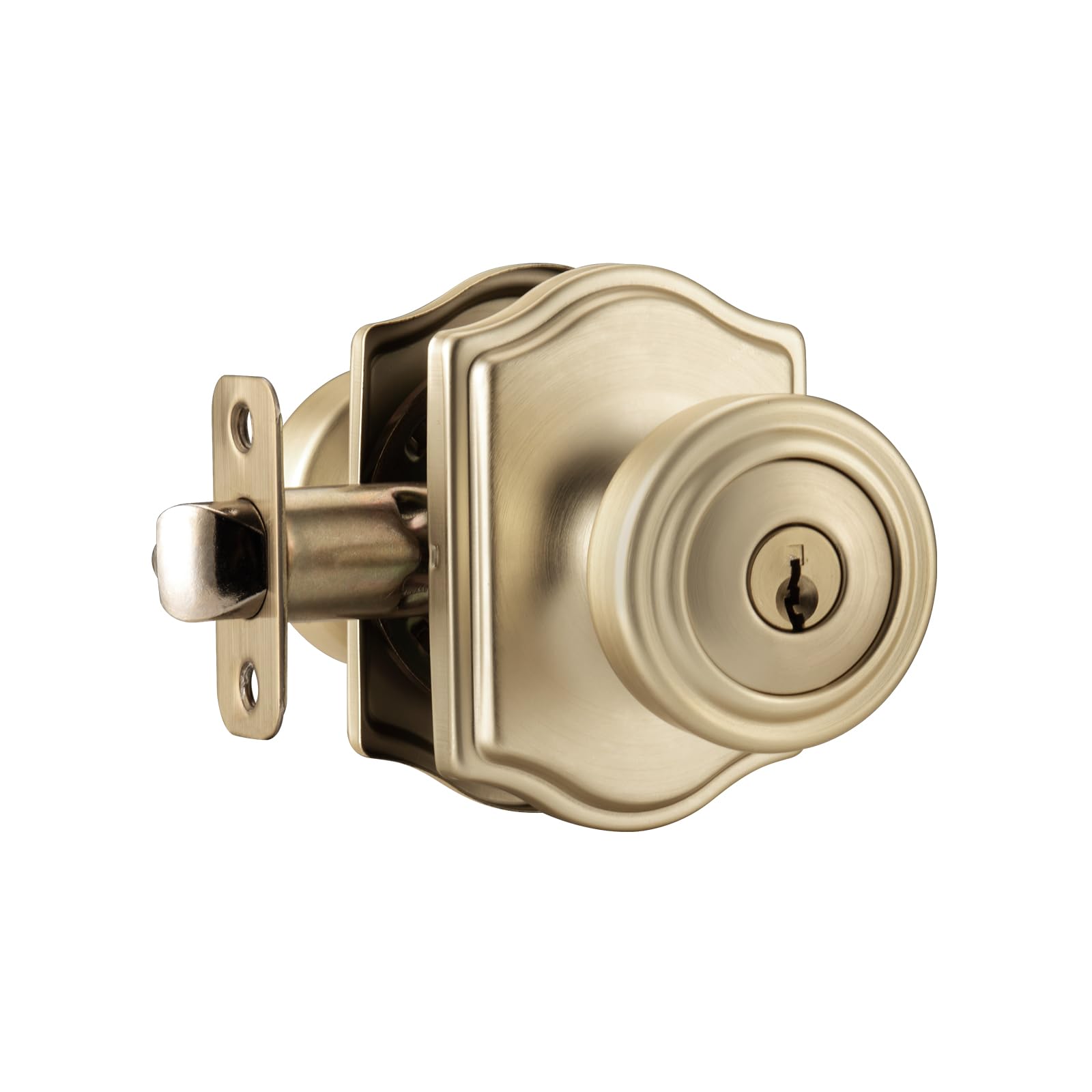 Ncsen Brushed Gold Door Knobs With Lock And Keys For Exterior Door, Pismo Knob & Camelot Trim For Interior Bedroom & Living Room