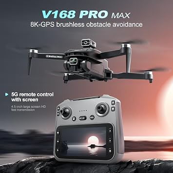 FPV Drone with 4K UHD Camera for Adults, V168 Pro Max GPS Drone with 360 Obstacle Avoidance Brushless Motor RC Drone with 4.5 HD Screen on Controller, Auto Return Altitude Hold Follow Me Headless Mode, Optical Flow Hover Foldable RC Quadcopter with Screen Remote Quadcopter Gifts for Adults & Beginners Indoor Outdoor Aerial Photography Drones