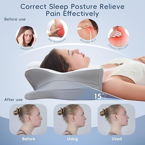 Miniatura 3 de Almohada cervical para el cuello, almohadas ergonómicas de espuma viscoelástica para aliviar el dolor de cuello con funda de almohada transpirable,