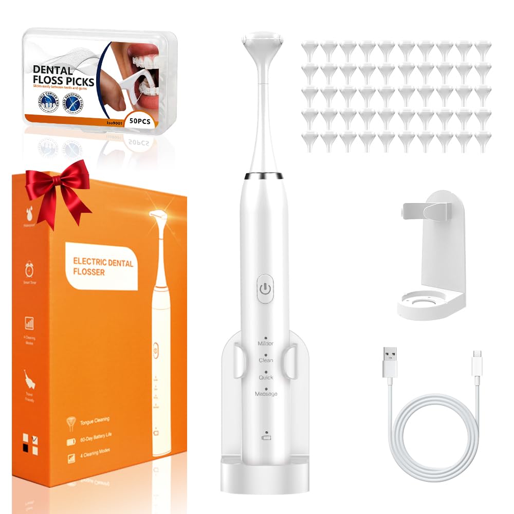 Hilo dental eléctrico para dientes, hilo dental eléctrico con 50 cabezales de repuesto, 4 modos de limpieza, hilo dental fácil de deslizar para un cuidado suave de las encías, hilo dental recargable y