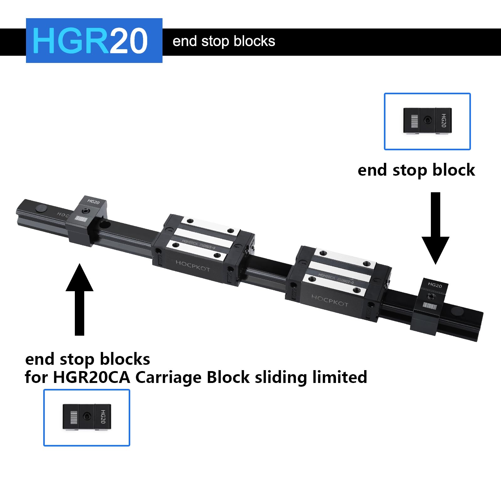 250mm / 9.84 inch HGR20 Linear Guide kit,2pcs 250mm hgr20 Linear Rail with 4pcs HGH20CA Carriage Block and End Stop Block — Amazon image 4