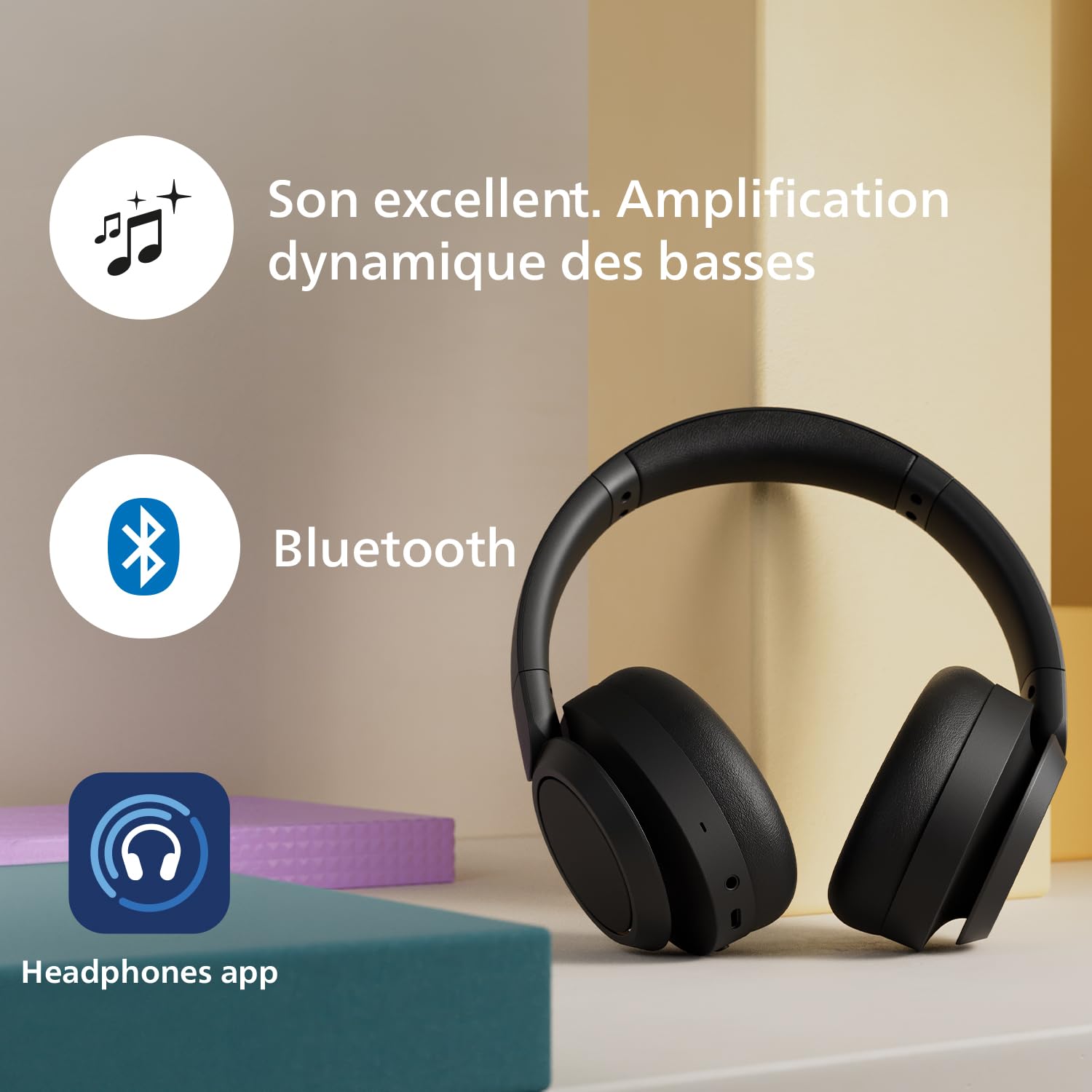 PHILIPS TAH6529BK/00 Casque Bluetooth sans Fil Over‑Ear à Réduction de Bruit – Excellente qualité d’Appel, Compatible Assistant Vocal, Jusqu’à 45 h d’écoute, Adaptateur Avion Inclus – Noir