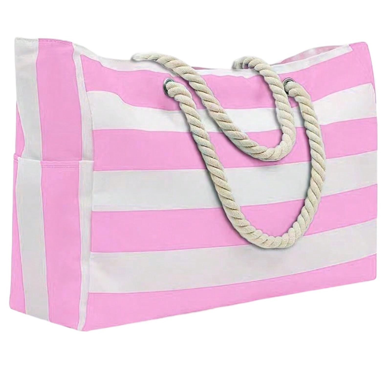 Bolsa De Playa Striped Canvas Summer Beach Bag, Large Capacity Shopping Bag Tote Bag For Travel,Ideal for Beach, Travel para Viajes A La Playa(Pink)