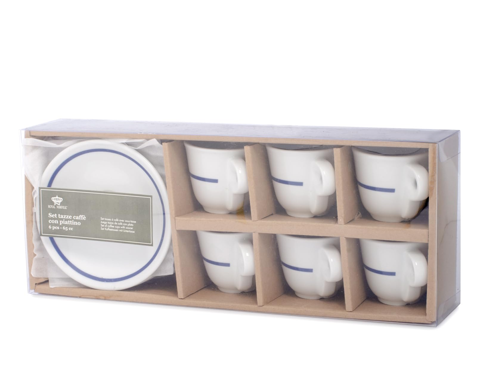 Royal Norfolk Set 6 Tazzine da Caffè in Porcellana Bianca, Decoro Blu, Con Piattino, cc65
