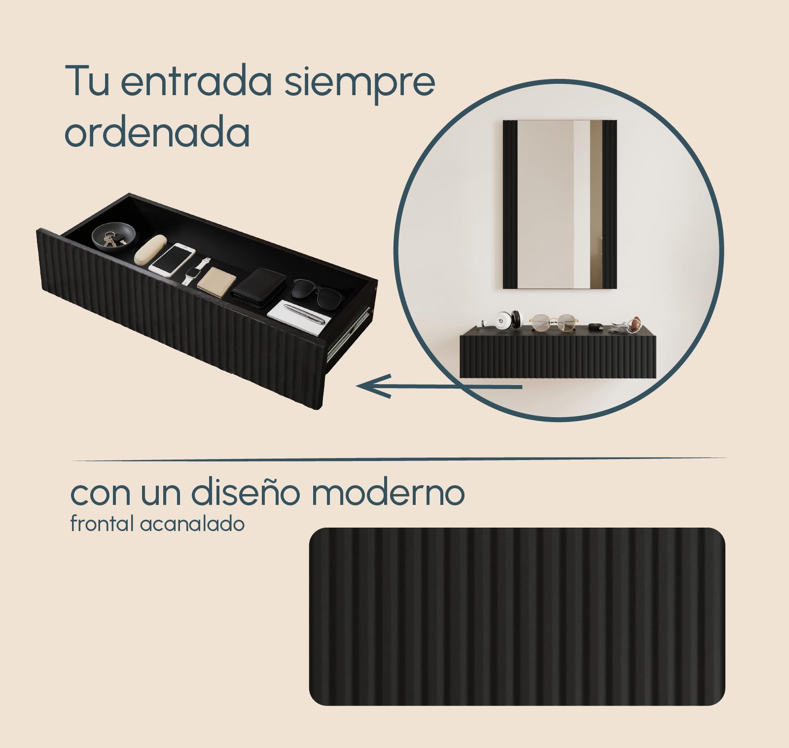 MB Muebles Bonitos, Recibidor Colgante con Espejo Amira, Mueble de Entrada con Cajón y Diseño Acanalado, Melamina y PVC, Color Negro, Ideal para Entradas y Pasillos