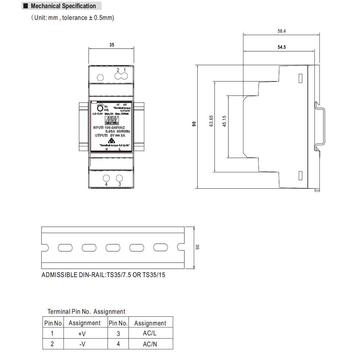 Din-Rail Fuente de alimentación 36W 24V 1,5A ; MeanWell HDR-30-24