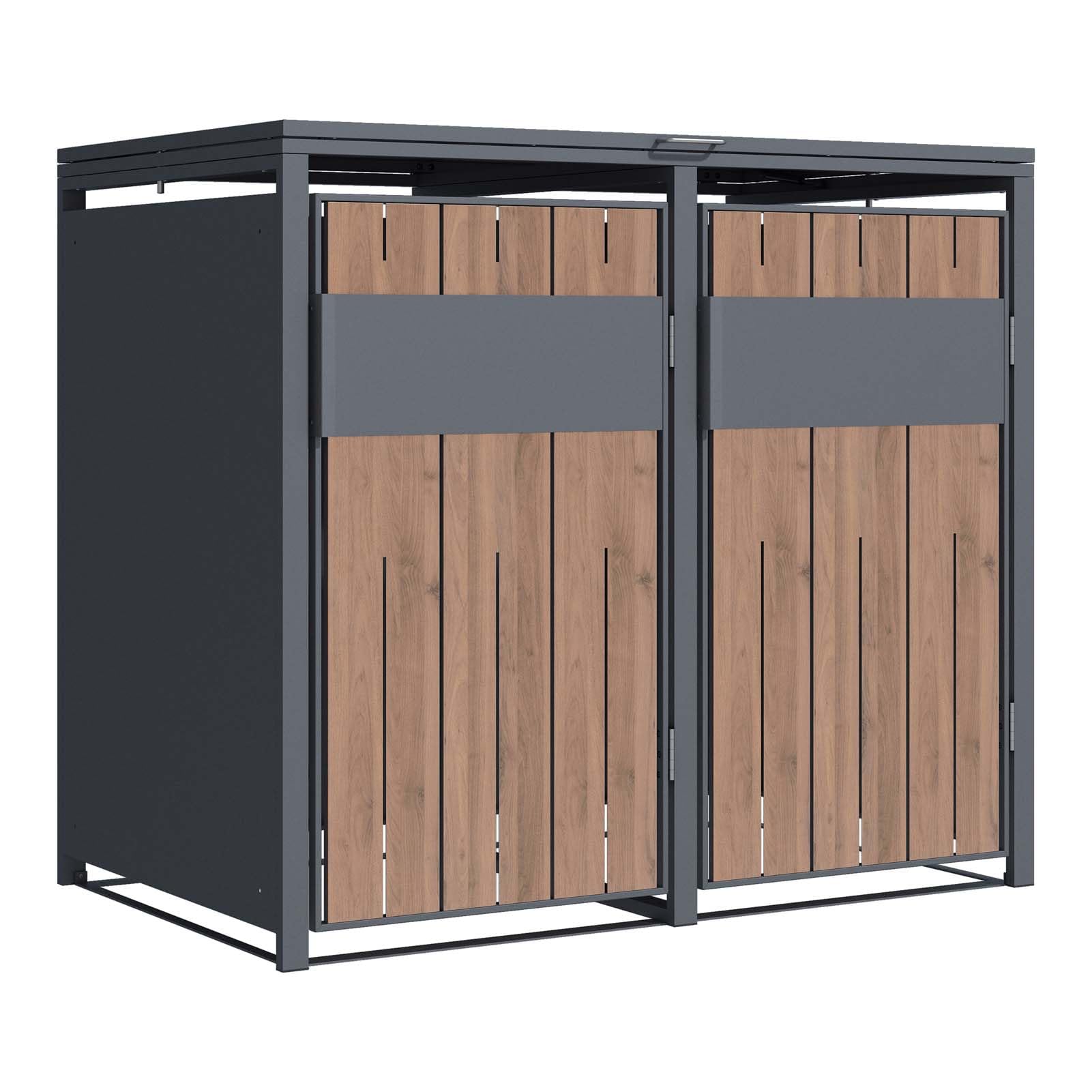 SCHARTEC® SMBS4-2 Lot de 2 boîtes à poubelles anthracite avec design en bois foncé, 1 couvercle, 2 tonnes, utilisation à une main, 240 l, protection contre les regards indiscrets