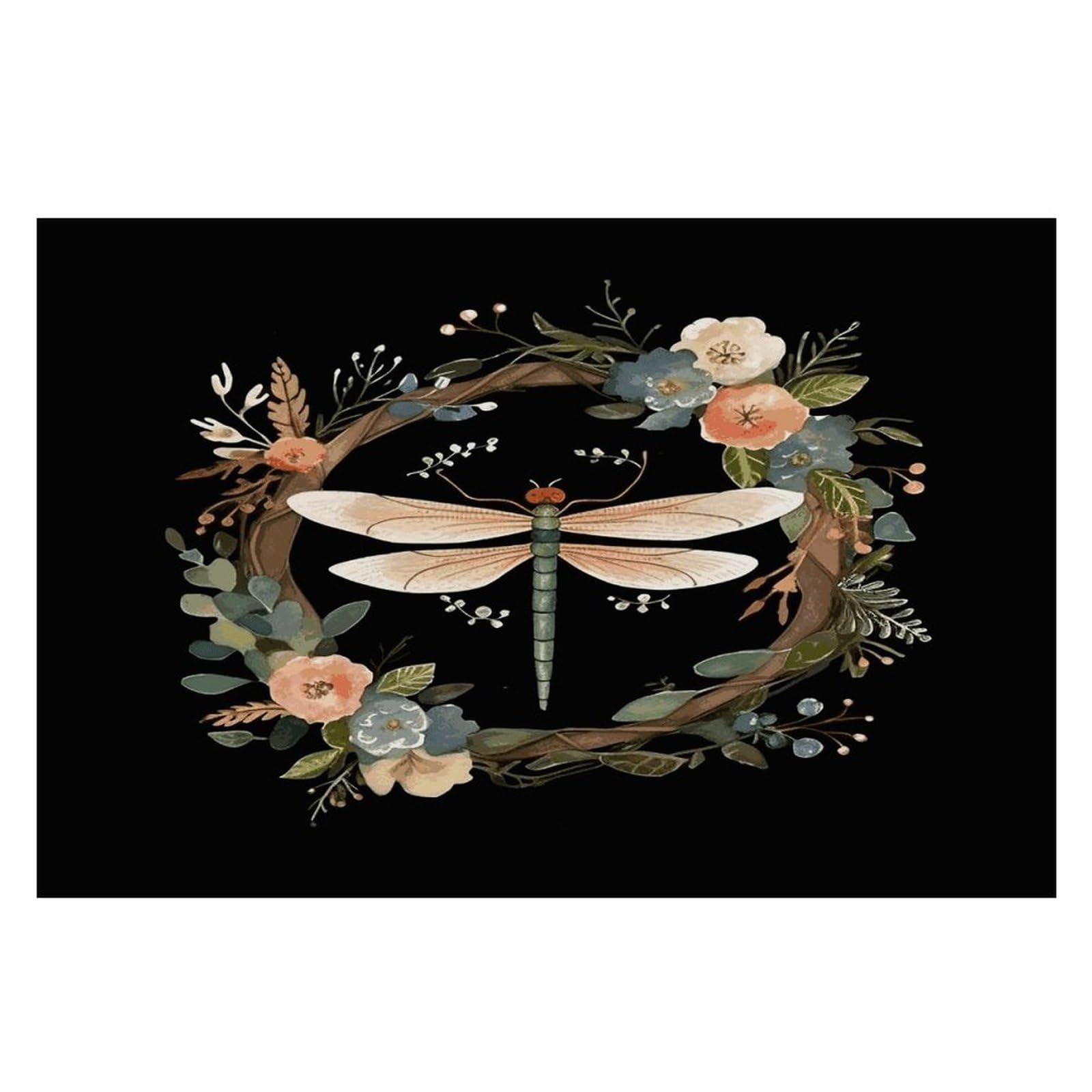 Image of Dragonfly in Wreath Placemats Heat-Resistant Washable Place Mats Anti Slip Dining Table Place Mats Wipeable Dining Table Mats Kitchen Decoration Placemats 17.7’’×11.8’’