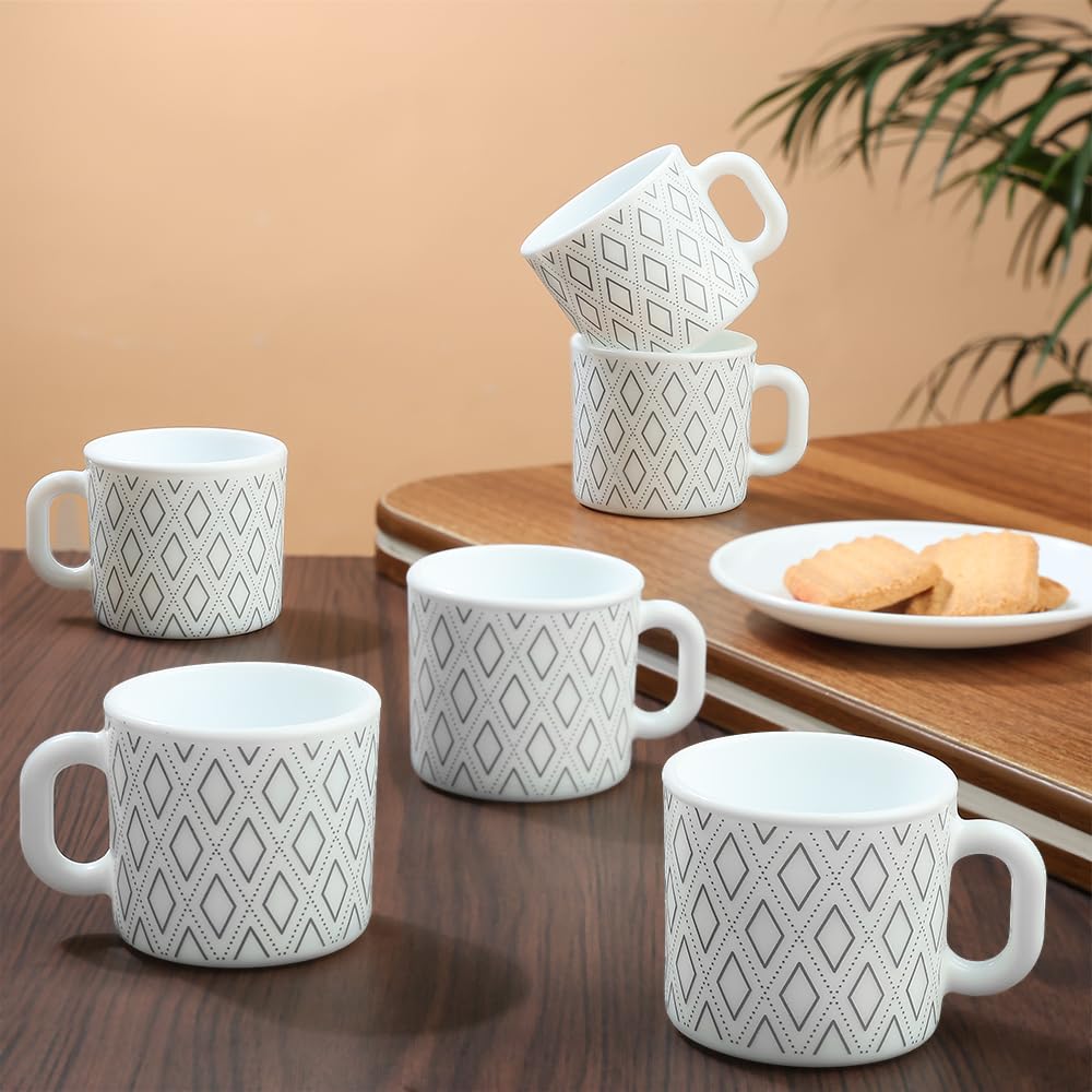 Larah by Borosil Angel Grey Opalware Mug, Set of 6 Tea/Coffee Mugs, 100 ml Each, Microwave & Dishwasher Safe, Bone-Ash Free, Crockery Set Ideal for Daily Use & Gifting, White-image-42