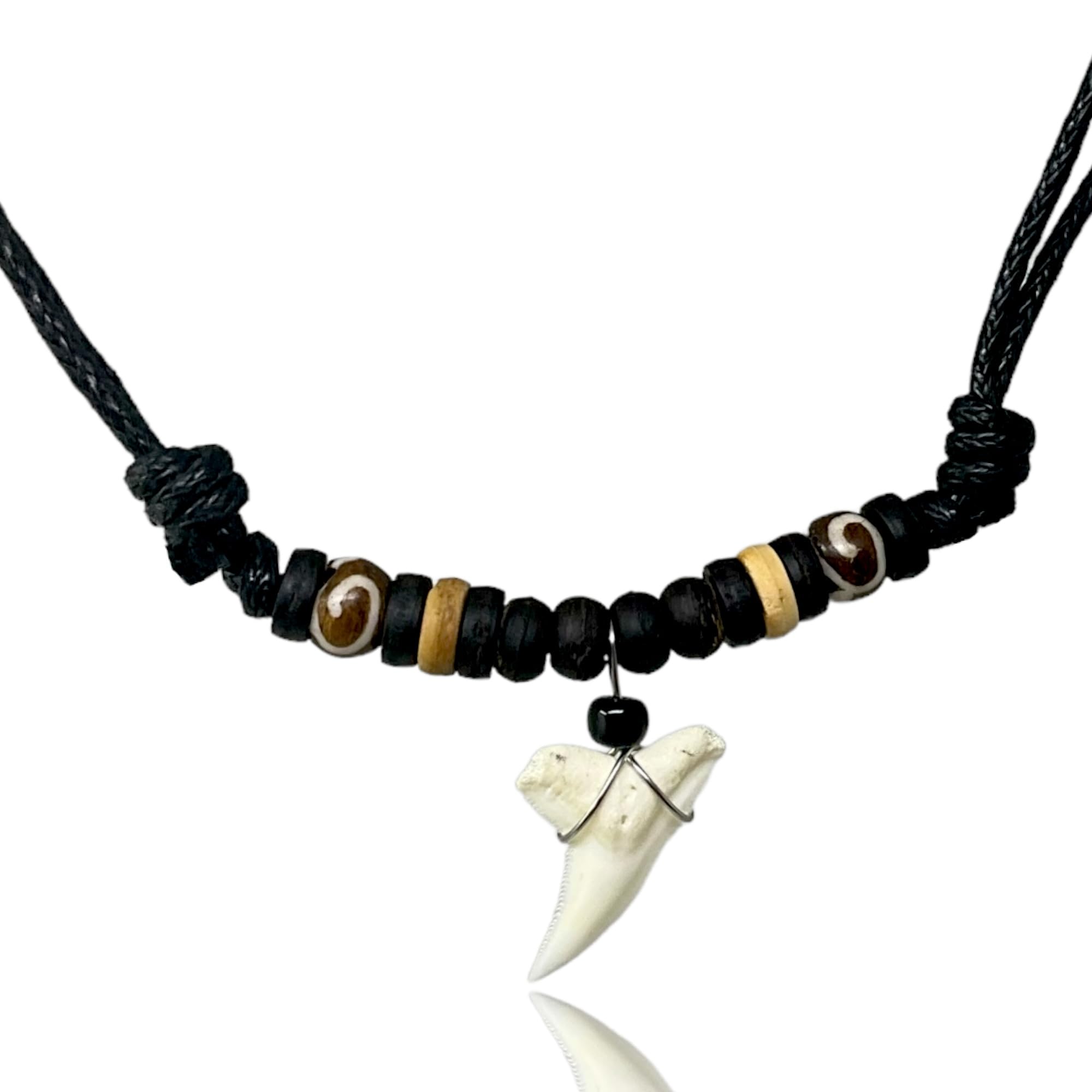 Bali Papaya - Collier Surf Ethnique Avec Dent Véritable, Cordon Noir Ajustable, Style Surf/surfeur, Blanc