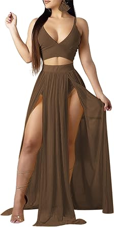 Women Sexy 2 Piece Outfits Dress Chiffon Strap Deep V Neck Bra Crop Top High Split Maxi Dresses Skirt Set Swimwear Cover Ups Brown XS