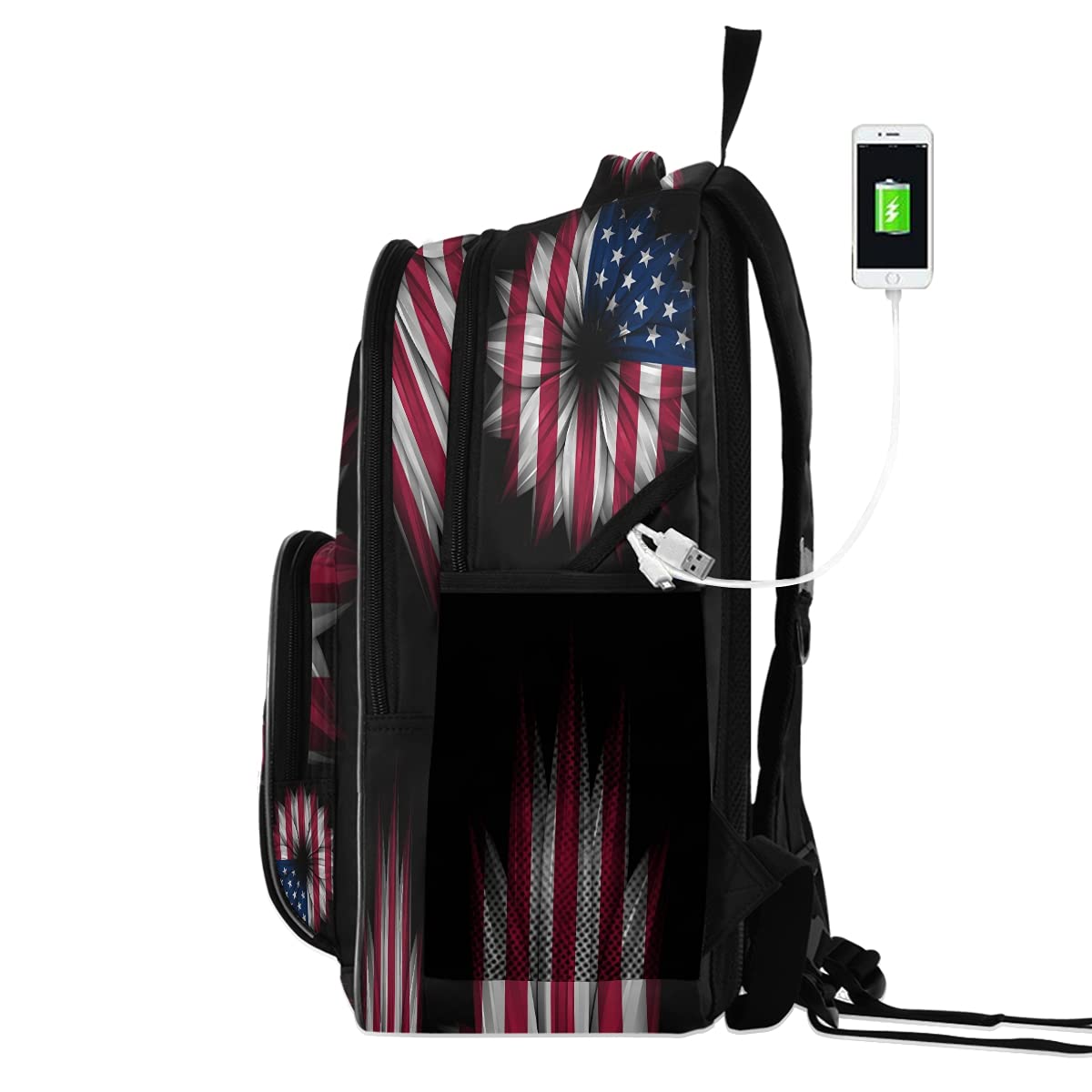 Backpack School Bookbag Artistic American Flag Flower Schoolbag with Water Bottle Pocket