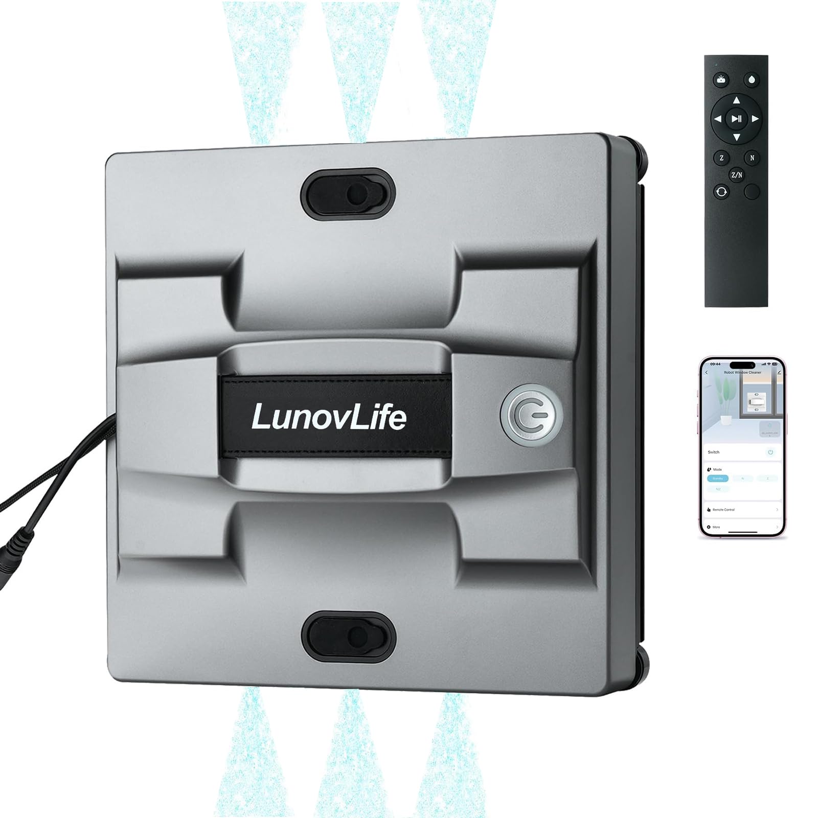 Robot Laveur de Vitre 5600Pa, Nettoyeur Vitre Automatique 6 Buses Pulvérisation, Aspirateur à Vitre Intelligent avec Télécommande & Corde de Sécurité, pour Fenêtres Intérieures et Extérieures