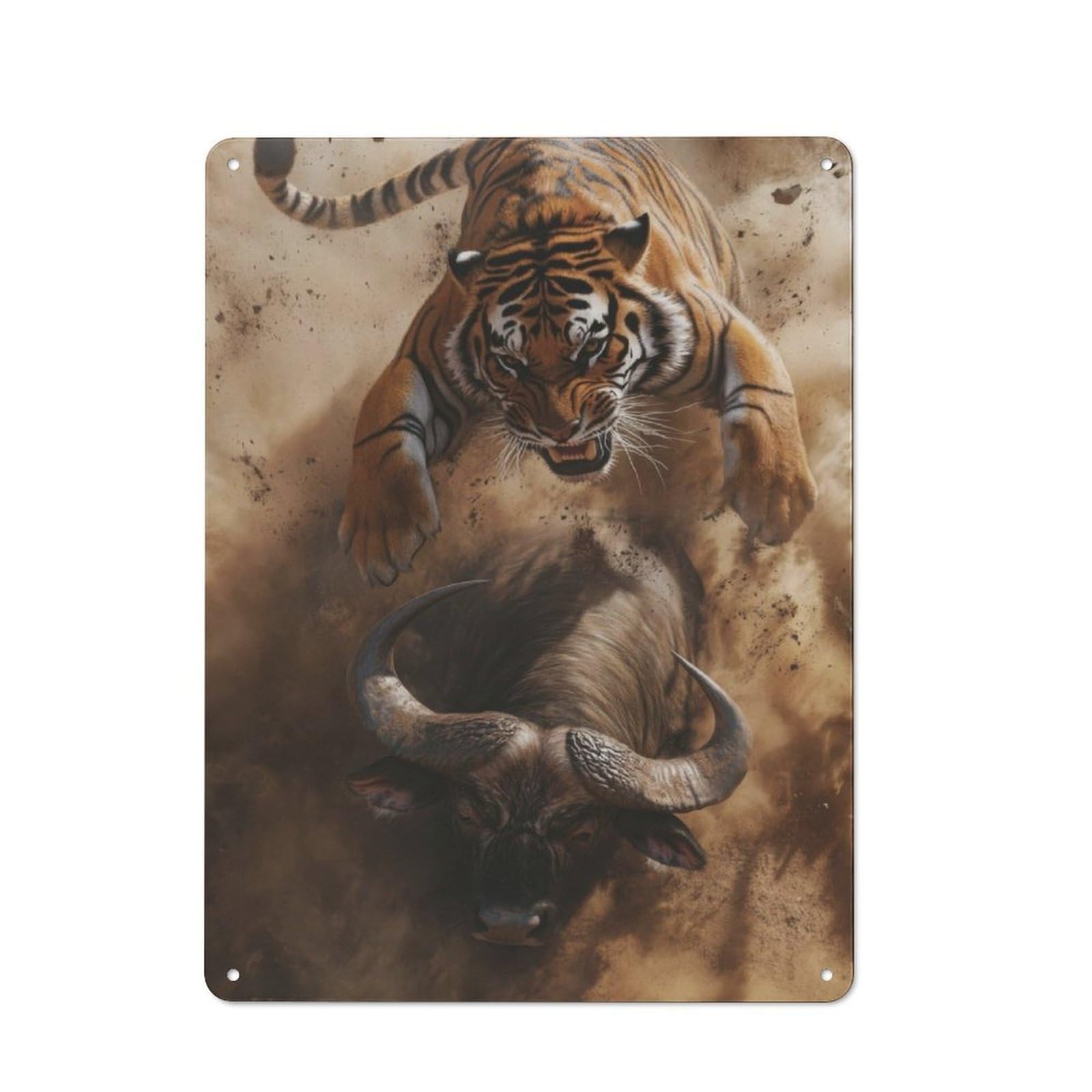 Tiger Attacking Buffalo Industrial-style Tin Sign 40x30cm for Café Or Home Bar, for Cooler-month Interiors with Industrial Character