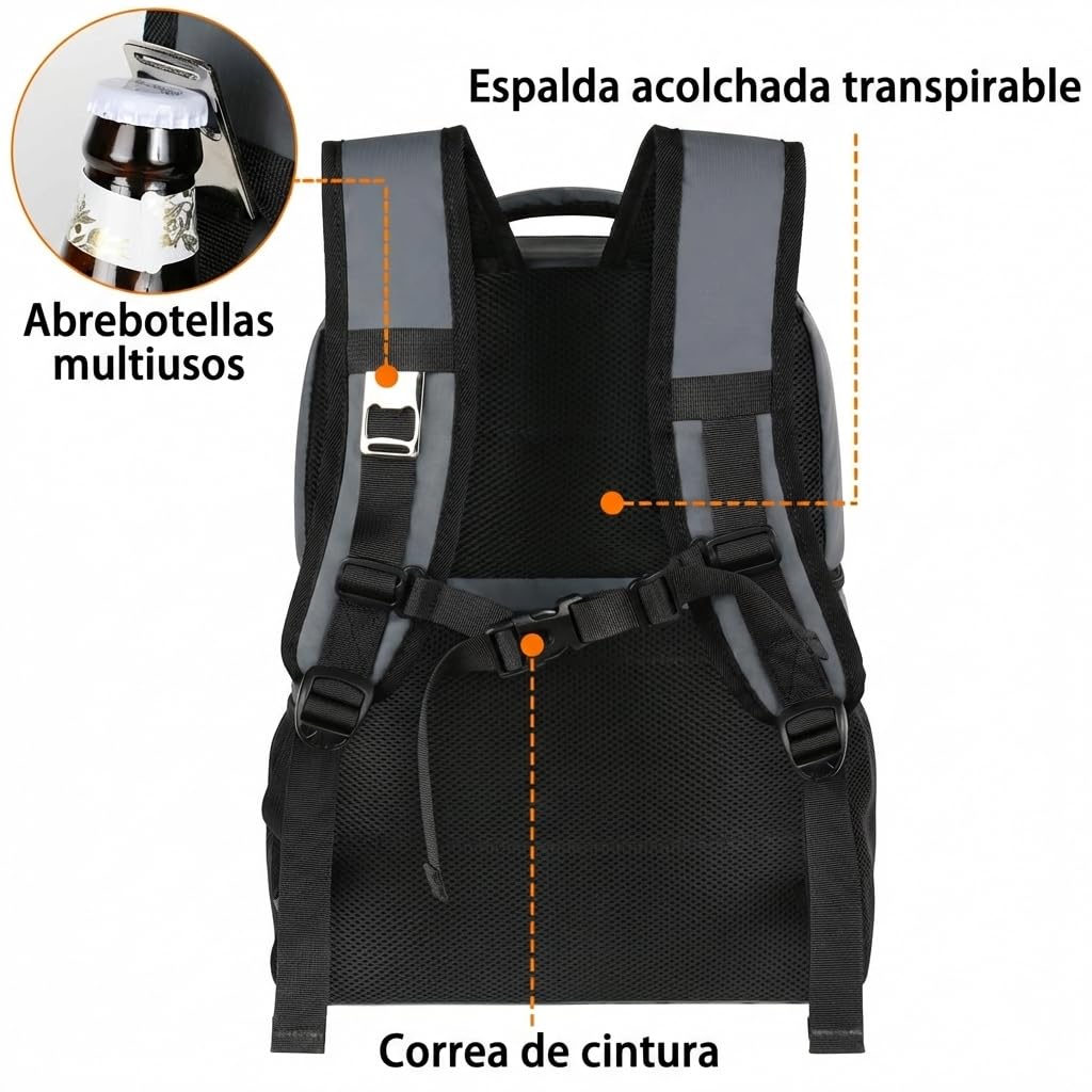 MATEIN Mochila Nevera 30 litros con Capacidad de hasta 40 Latas, Mochila Termica Porta Alimentos de Doble Compartimento Ligera y Antifugas Bolsa Isotermica para Playa, Camping y Senderismo, Gris