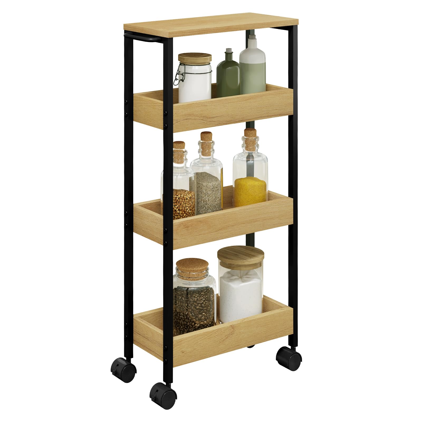 EUGAD Estanteria de Baño de 4 Niveles, Carrito con Ruedas para Baño, Carro de Almacenamiento de Baño, Carrito Estrecho con 2 Frenos, Armazón Metálico, 40x15x82 cm, Ngero+Roble Calro