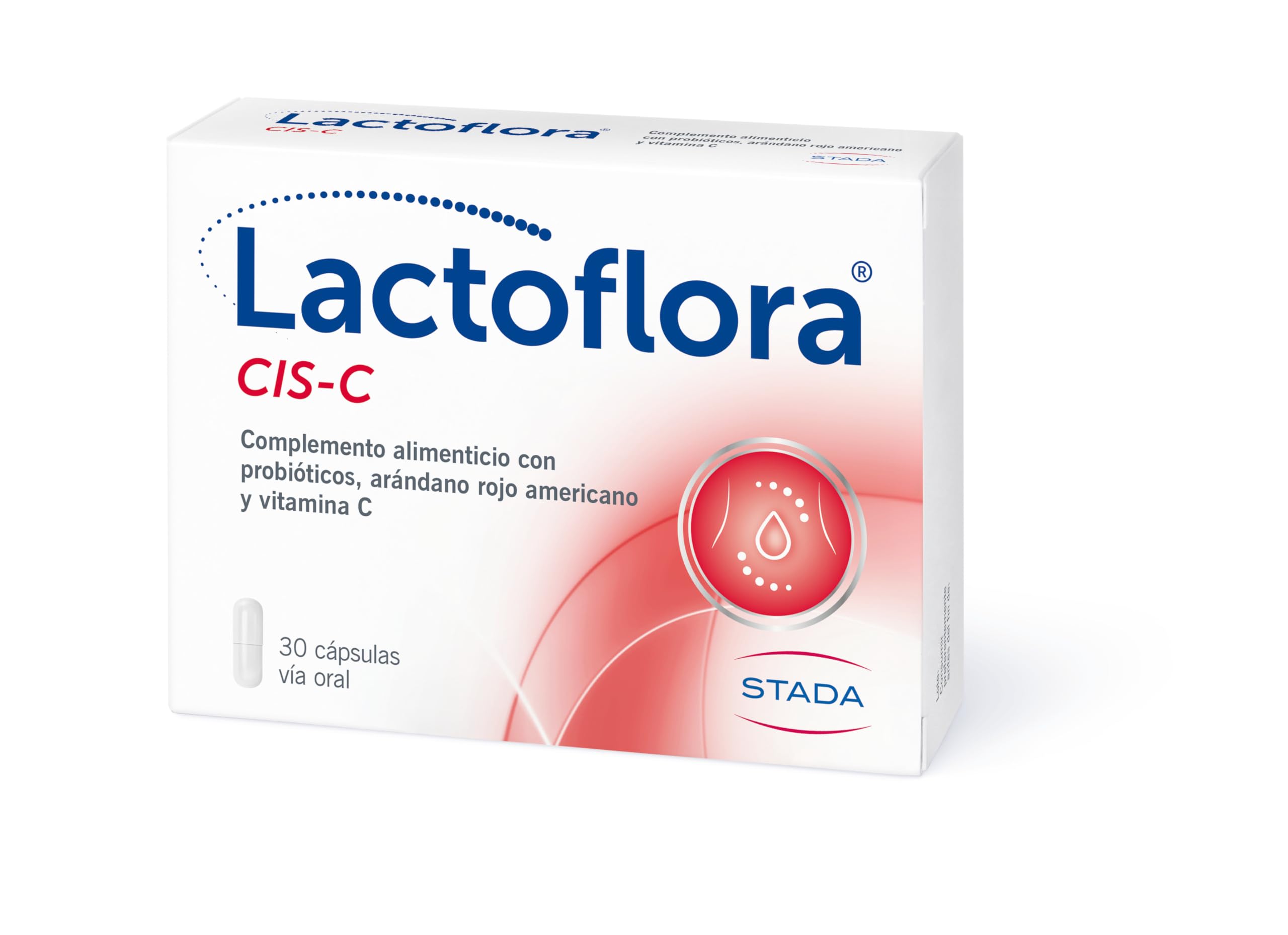 LACTOFLORA Probiótico Cis-​c, Cuidado y bienestar urinario, con Arándano Rojo Americano y Vitamina C, sin lactosa ni gluten, 30 Cápsulas