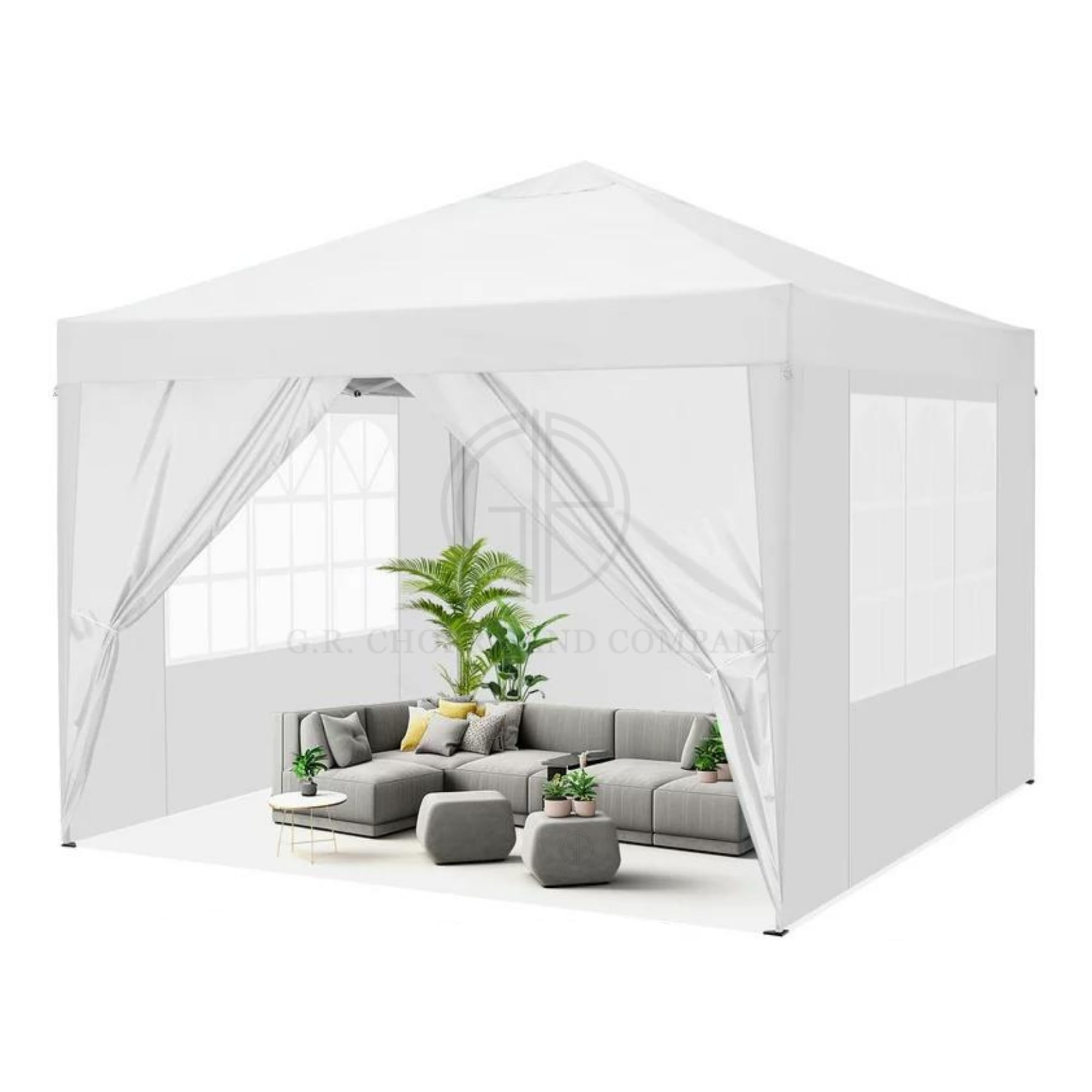 THESHELTERS - 10x10ft Outdoor Gazebo Tent with Sidewalls and 2 Front Curtains | Portable 32 Kgs Waterproof Tent | Outdoor Tent Provides Instant Shelter and Easy Installation (White)
