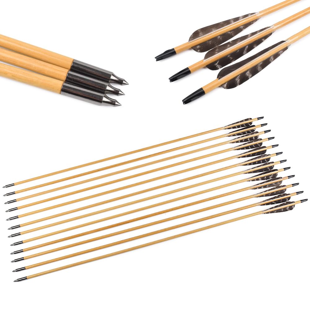 12 pièces 81 cm de flèches en bois avec 10 cm de plumes naturelles Flèches pour tir à l'arc Flèches en bois Flèches de chasse fabriquées à la main pour arc traditionnel Arc recurve Arc long