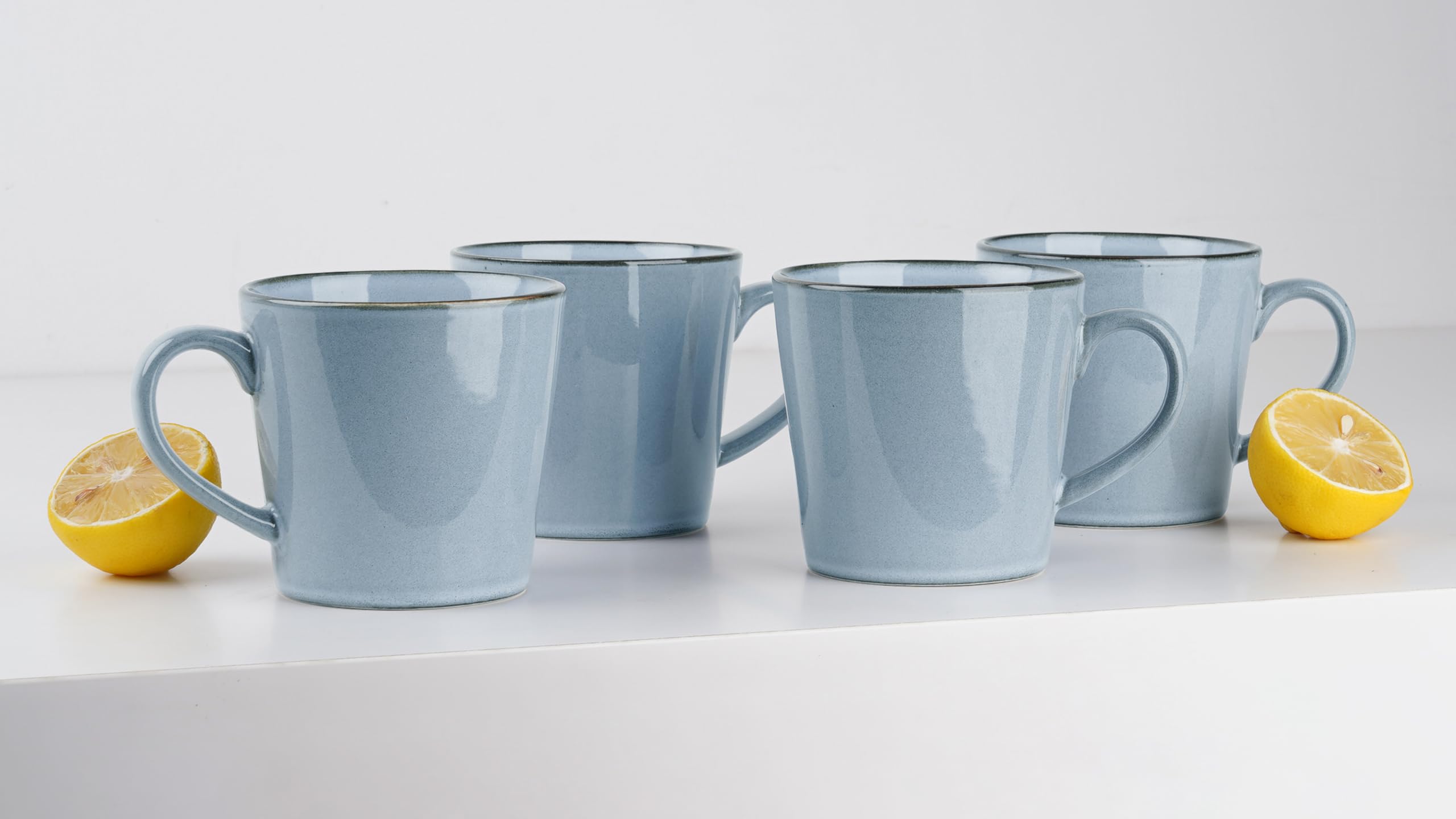 famiware Annecy Lot de 4 tasses à café en céramique avec poignée 414 ml | Ensemble de tasses à café en grès - Passe au micro-ondes et au lave-vaisselle - Pour thé, latte, cappuccino - Bleu réactif