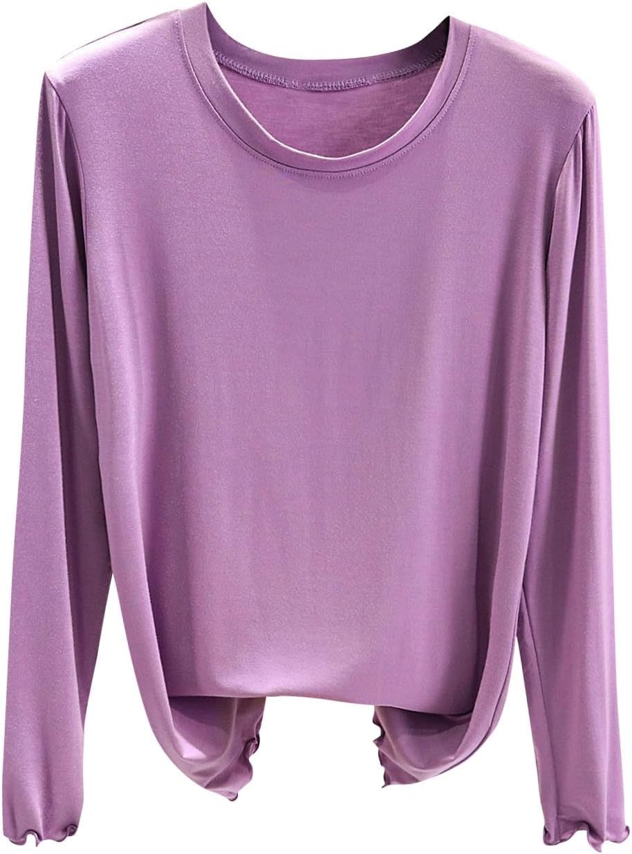 Womens Modal Sleep Shirts Casual Long Sleeve Crewneck Basic Pajama Tops Ladies Loose Soft Lettuce Trim Undershirt