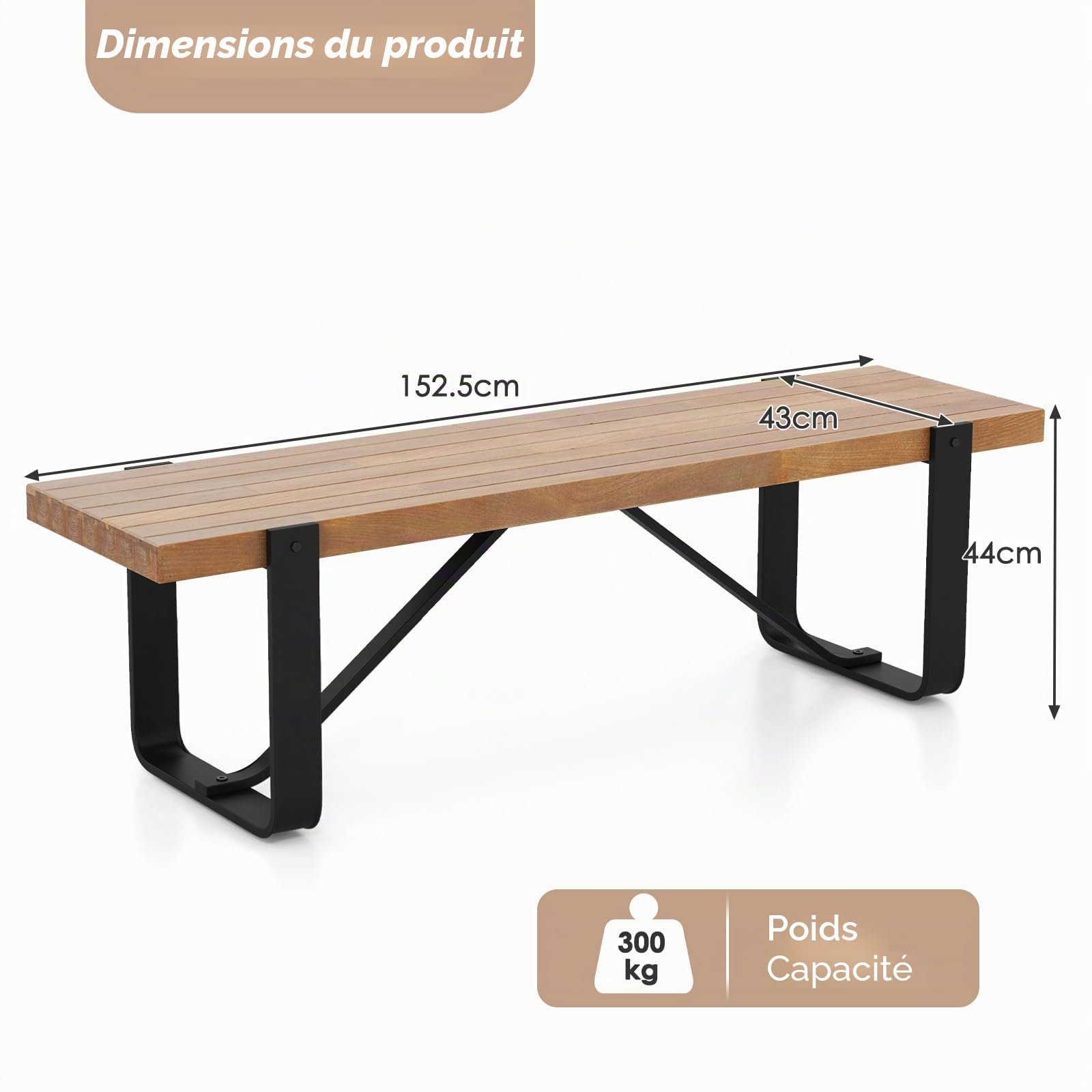 KOMFOTTEU Banc de salle à manger 152,5 x 43 cm en bois avec pieds en métal - Banc de table en bois sans dossier - Banc de cuisine avec pieds en U - Banc de couloir - Charge maximale : 300 kg