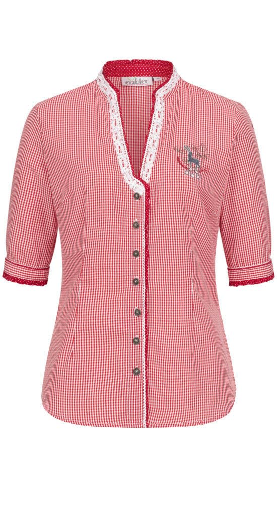 Nübler Trachtenbluse Damen - Kurzarm, V-Ausschnitt, klassischer Trachtenlook - Moderne bayrische Tracht, Sandy in Rot