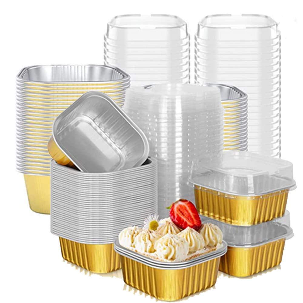 25 pcs Mini Square Baking Cups, 10 oz Aluminum Foil Mini Cake Pans with Lids, Aluminum Foil Cupcake Flan, Muffin Liners, Custard Cake Cups, Catering Gathering Favor golden