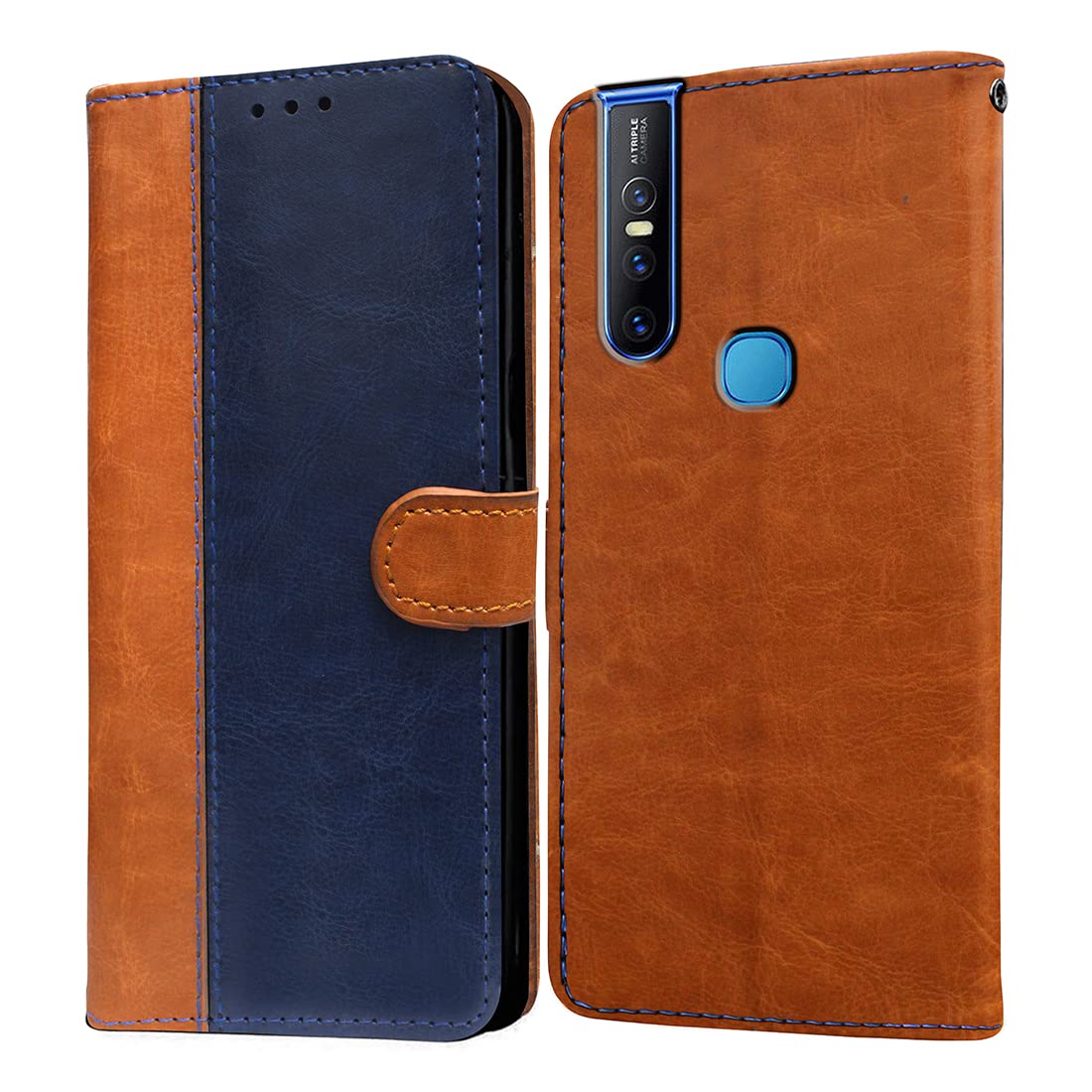 Casotec Flip Cover for Vivo V15 | Premium Leather Finish | Inbuilt Pockets & Stand | Flip Case for Vivo V15 (Camel and Blue) (B0B9YNY7XJ) Amazon Price History, Amazon Price Tracker