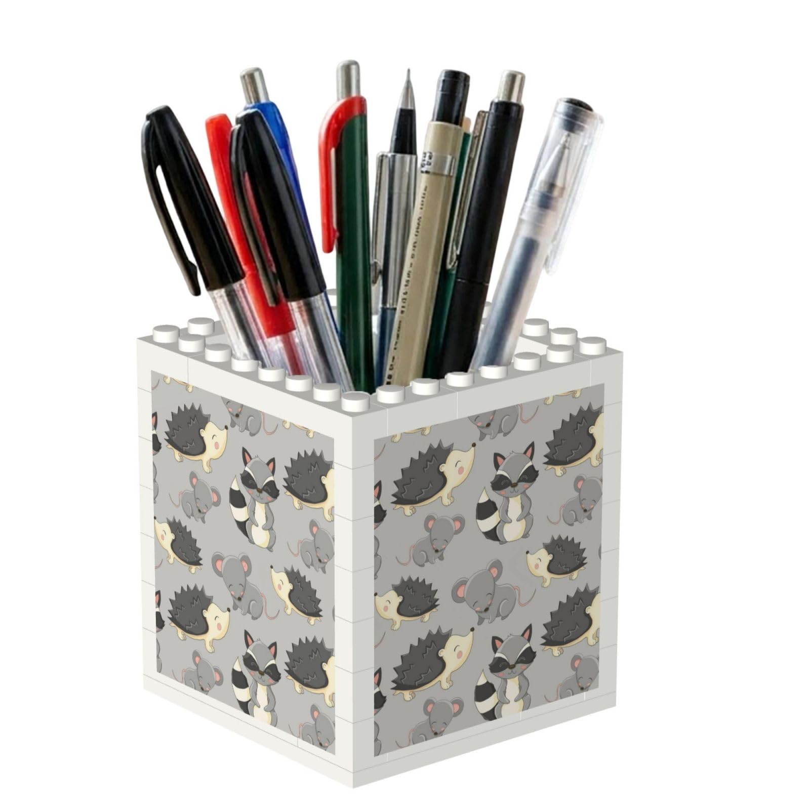 Poadnly Grey Background Hedgehogs Mice Raccoon, Pen Pot Pencil Holder for Office Home School, Compact Desk Organiser for Office Stationery