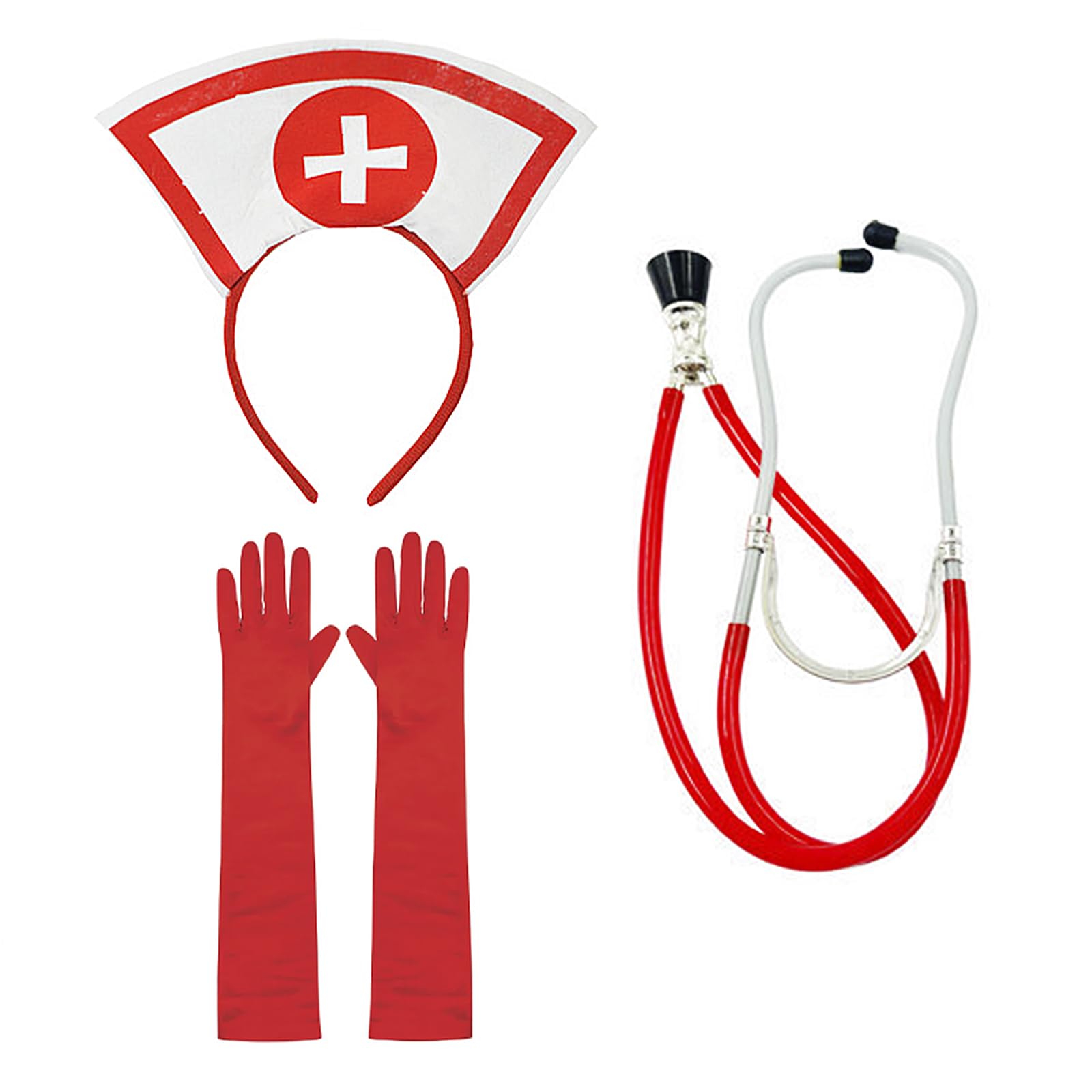 TINAYAUE Halloween Nurse Costume Accessories Ladies Nurse Headband Stethoscope Red/White Long Gloves Set for Women Fancy Dress Decor Hospital Themed Party Cosplay Nurse Dressing Up Props