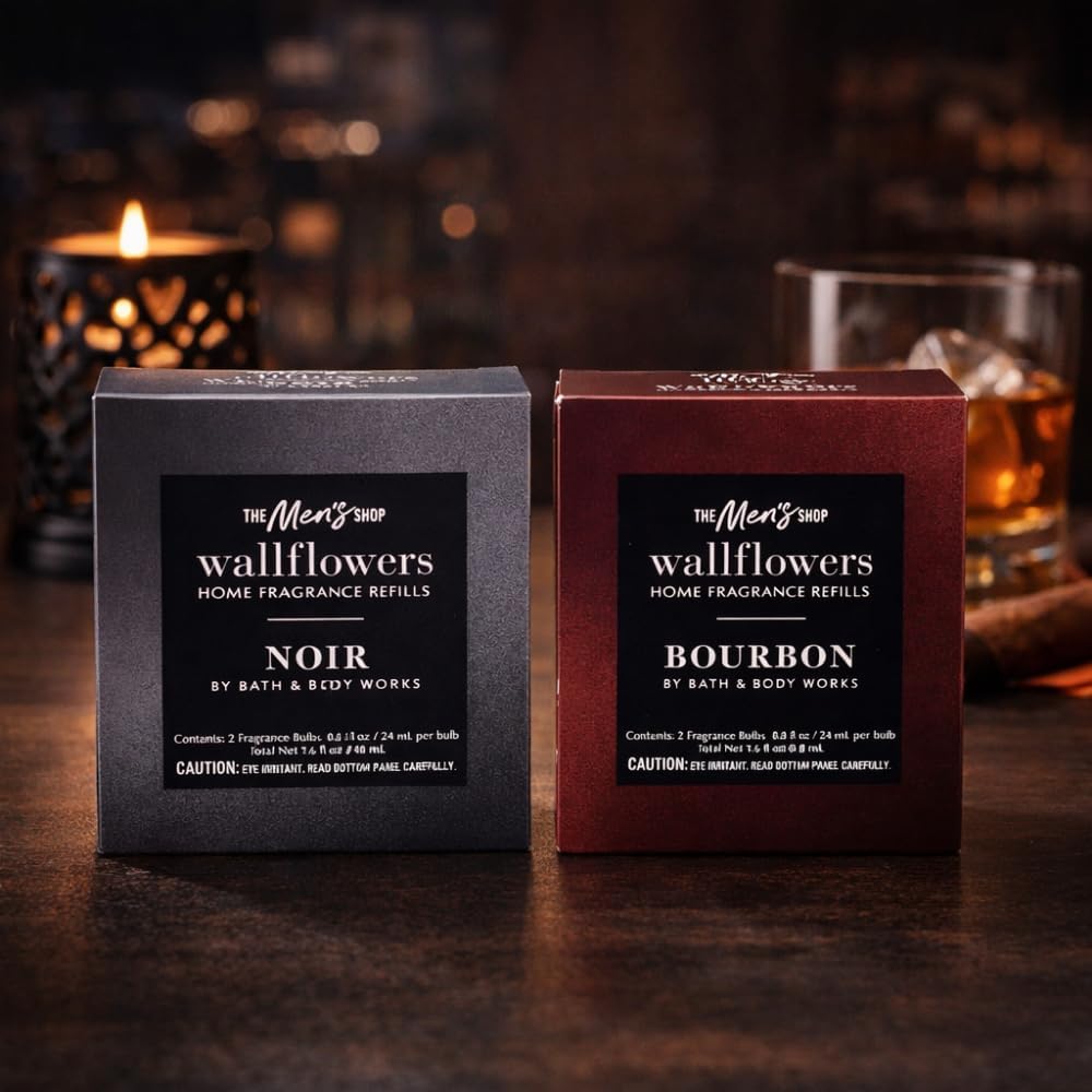 Bath & Body Works Men’s Collection Wallflowers Fragrance Refill – NOIR & BOURBON – 2-piece Gift Set with a Blue Bow for Holidays & Gifts – 0.8 fl oz each box
