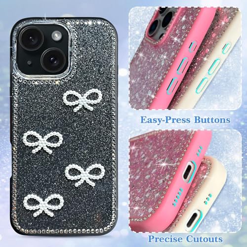 Image of DIZORO Compatible for iPhone 13 / iPhone 14 Cover 6.1, Luxury Diamond Cute with Bow Glitter Bling Case with Full Camera Protection PC+TPU Glossy Shiny Back Cover Case for Girls Women (Black)
