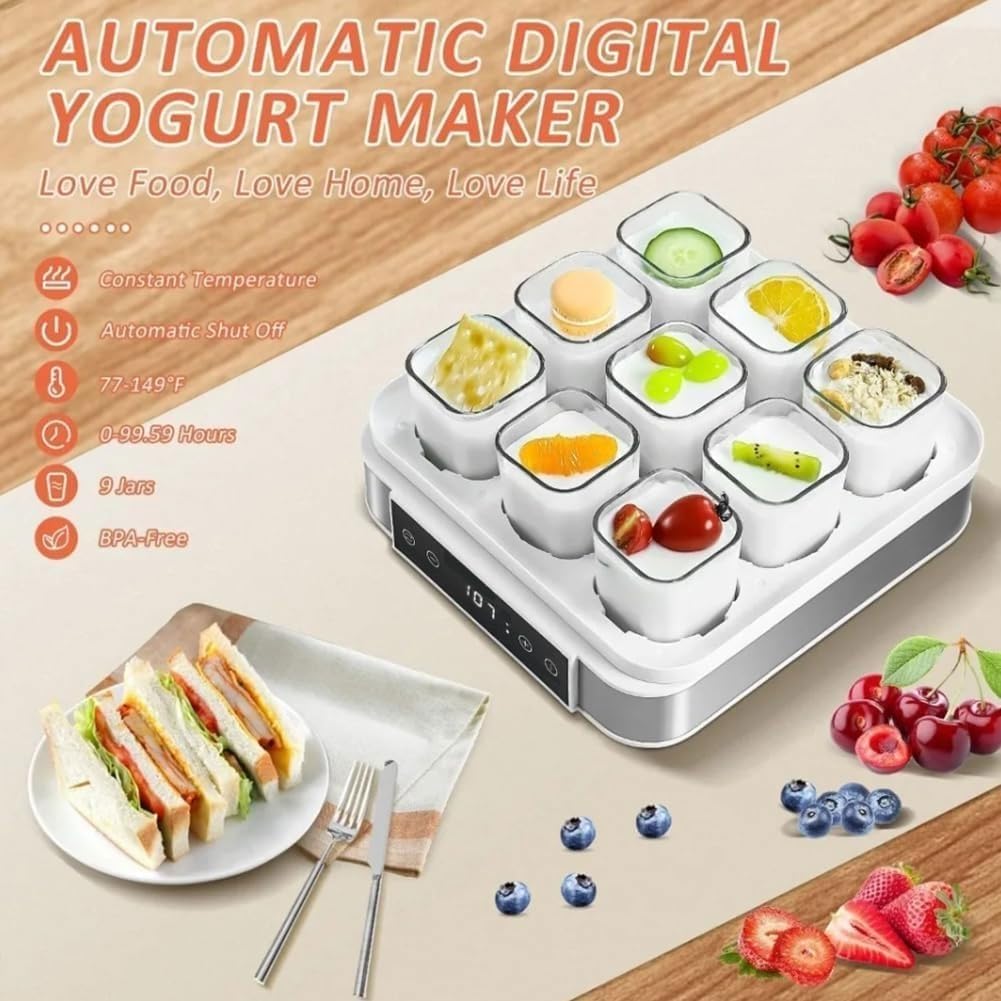 Vnook Yogurtera Digital, Máquina Eléctrica Automática For Hacer Yogur con 9 Tarros De Cristal, Máquina For Hacer Queso For Yogur Orgánico Casero