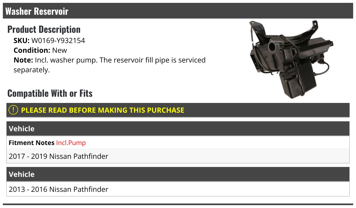 A-Premium Windshield Washer Reservoir Tank For 1997-2003 Nissan Pathfinder - Includes Pump, Neck & Cap
