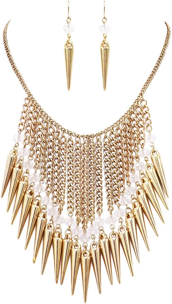 Rosemarie & Jubalee Women's Unique Faceted Crystal Bead With Spikes Waterfall Collar Necklace Earrings Set, 16"+3" Extender