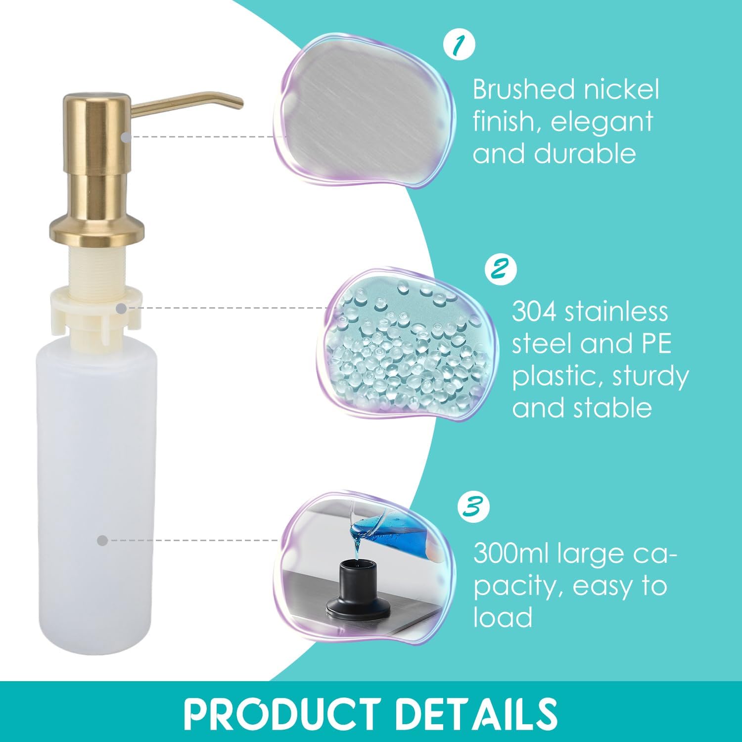 300ml Soap Dispenser Kitchen, Soap Dispenser Kitchen Stainless Steel Built-in Soap Dispenser for Countertop for Bathroom Supplies (Gold)