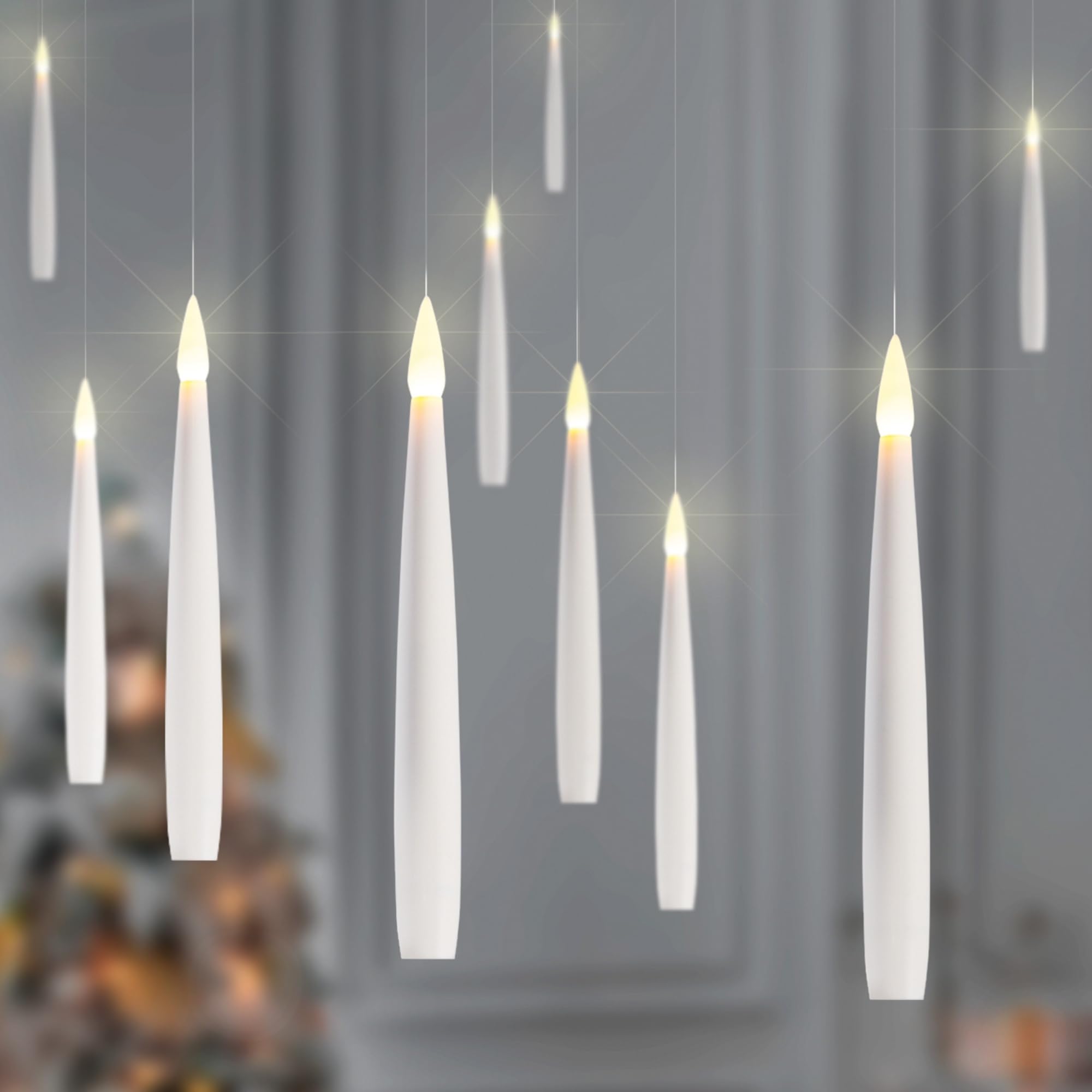 HIGHLAND 10 Pcs Harry Potter Floating Candles Halloween Decorations – 14.5x1.65 CM Flameless Taper Candles with Remote – LED Hanging Candles Halloween Haunted House Decoration Party Supplies