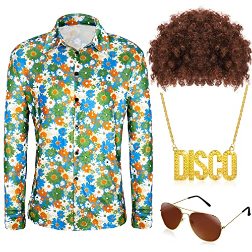 4 Pcs Men 70S Disco Costume Set Disco Floral Dress Shirt Long Sleeve Casual Button Shirts For 70S Disco Party Christmas Prom (X Large) #TOP8