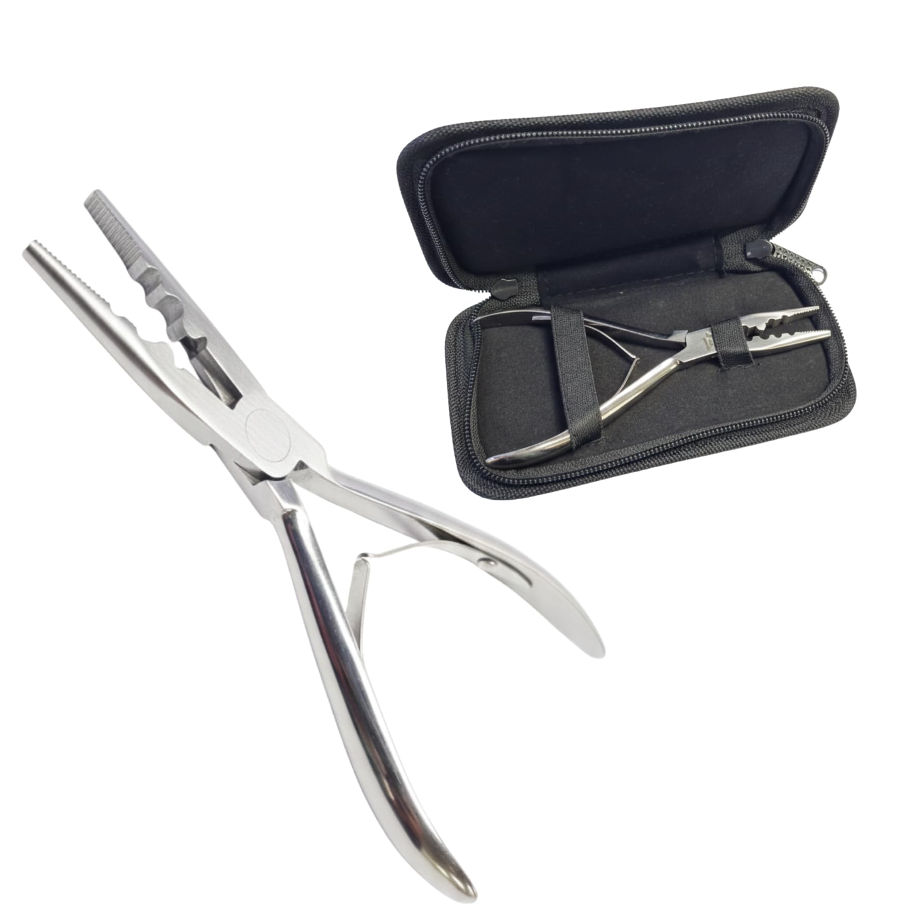 GL Hair Elite Surgical Grade Micro Ring Pliers – Serrated Jaw with Precision Grooves – Silver Stainless Steel – Includes Luxury Black Zip Pouch