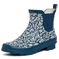 Laura Ashley Women's Rain Boots, Mid Cut Rubber Rain Boots for Women - Waterproof Floral Print Ankle Boots for Ladies, Denim