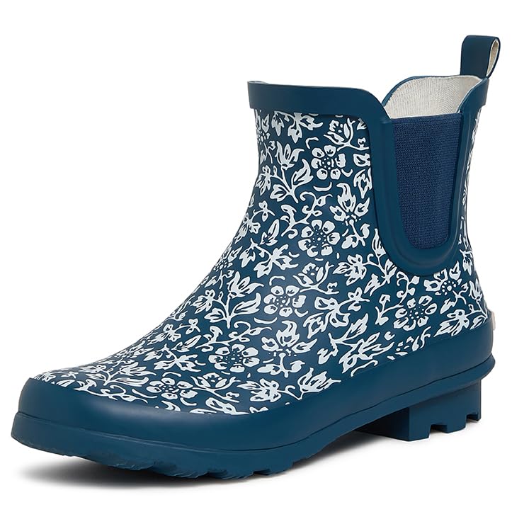 Laura Ashley Women's Snow and Rain Boots, Mid Cut Rubber Boots for Women - Waterproof Floral Print Ankle Boots for Ladies, Denim
