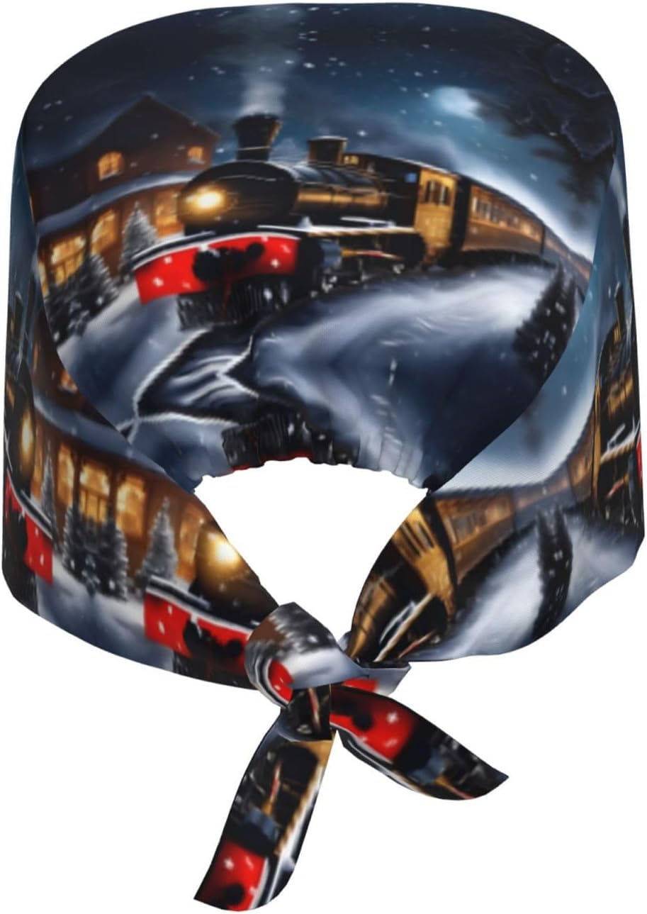 Winter Christmas Snow Night Railway Train Print Adjustable Breathable Work Cap for Kitchen, Hygiene, Beauty Spa, Fitness