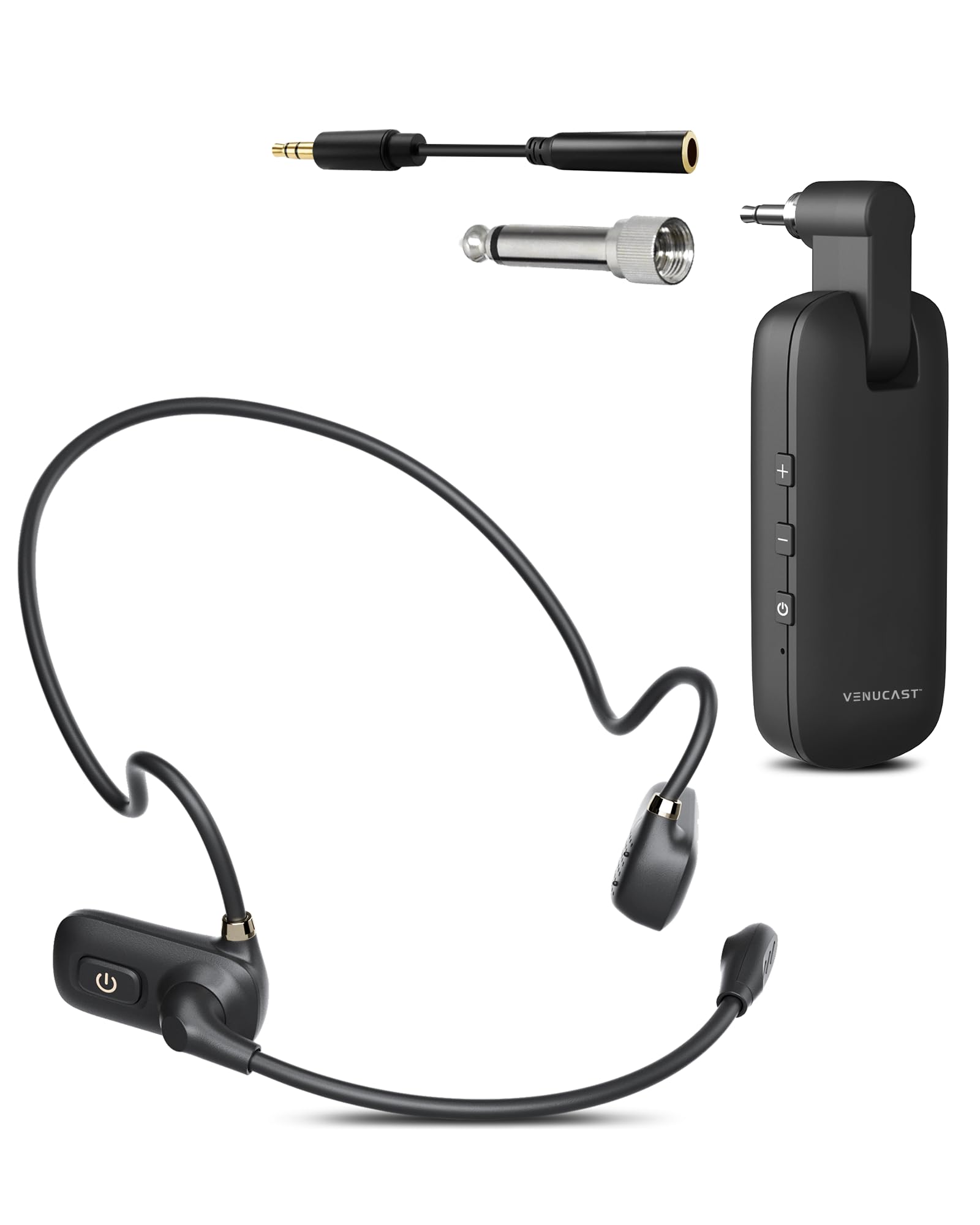Venucast FreeMic W - Sistema de Micrófono Headset inalámbrico para Sincronización de Voz para Enseñanza & Eventos, Plug & Play para Altavoz Activo, Mezclador & Transmisor con 3,5mm AUX o 6,35mm, 20m